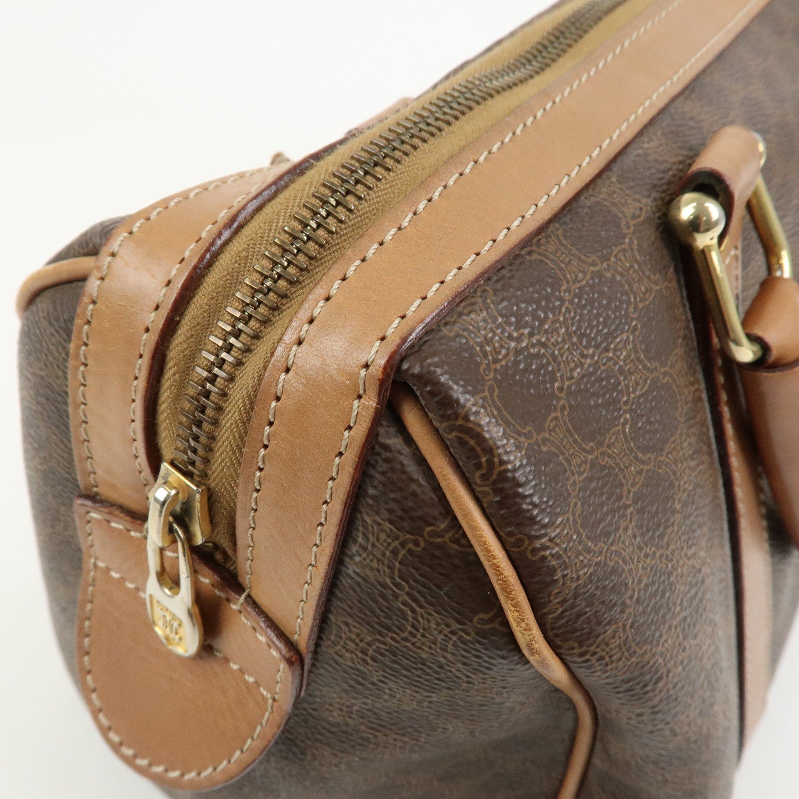 CELINE Macadam Logo PVC Leather Boston Bag Hand Bag Brown