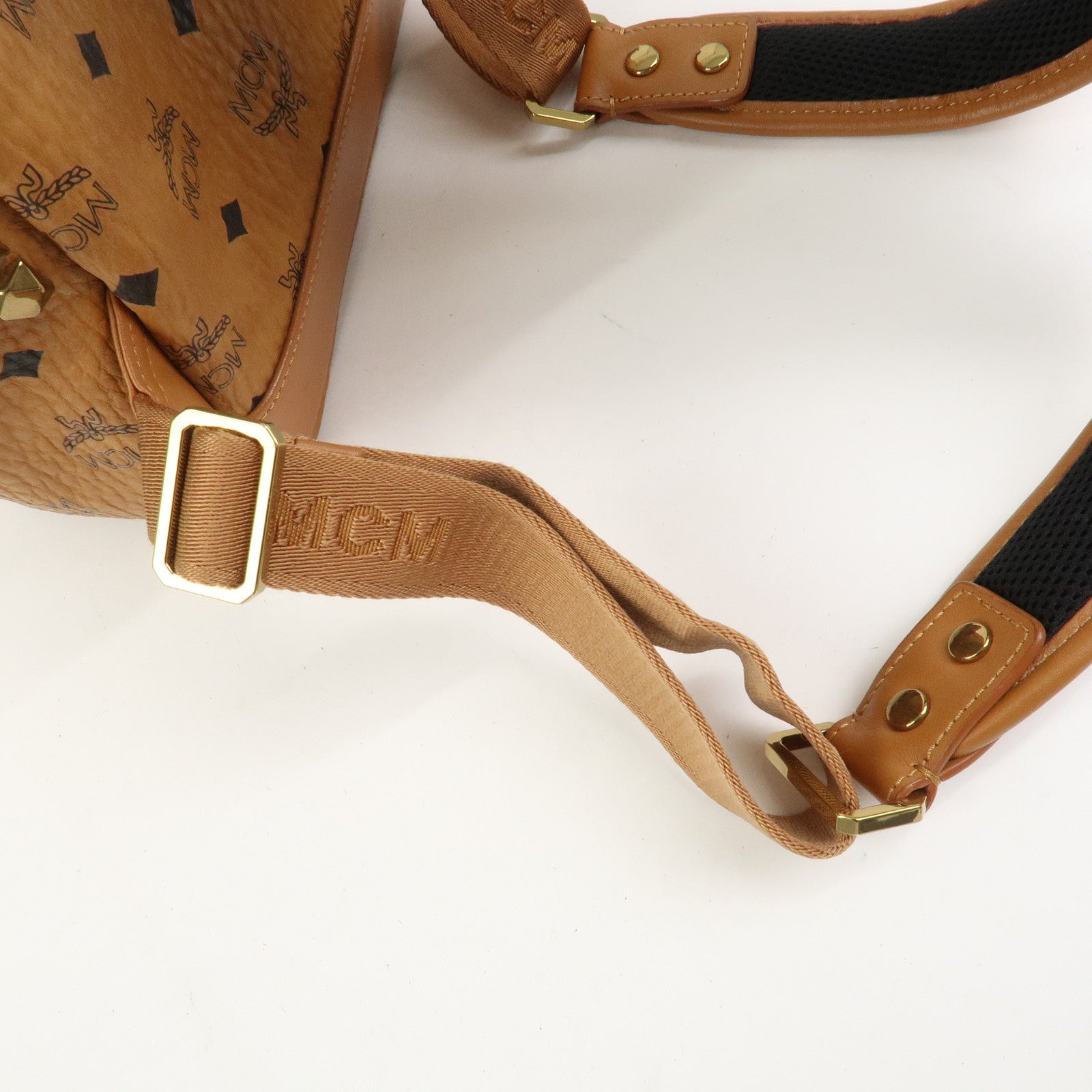 MCM Visetos PVC Leather Backpack Rucksack Studs Cognac