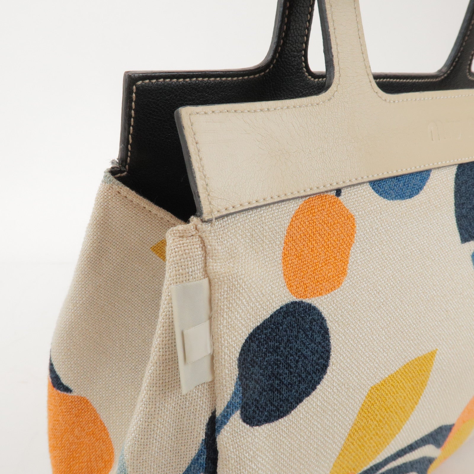 MIU MIU Madras Leather Canvas Reversible Hand Bag Ivory Black