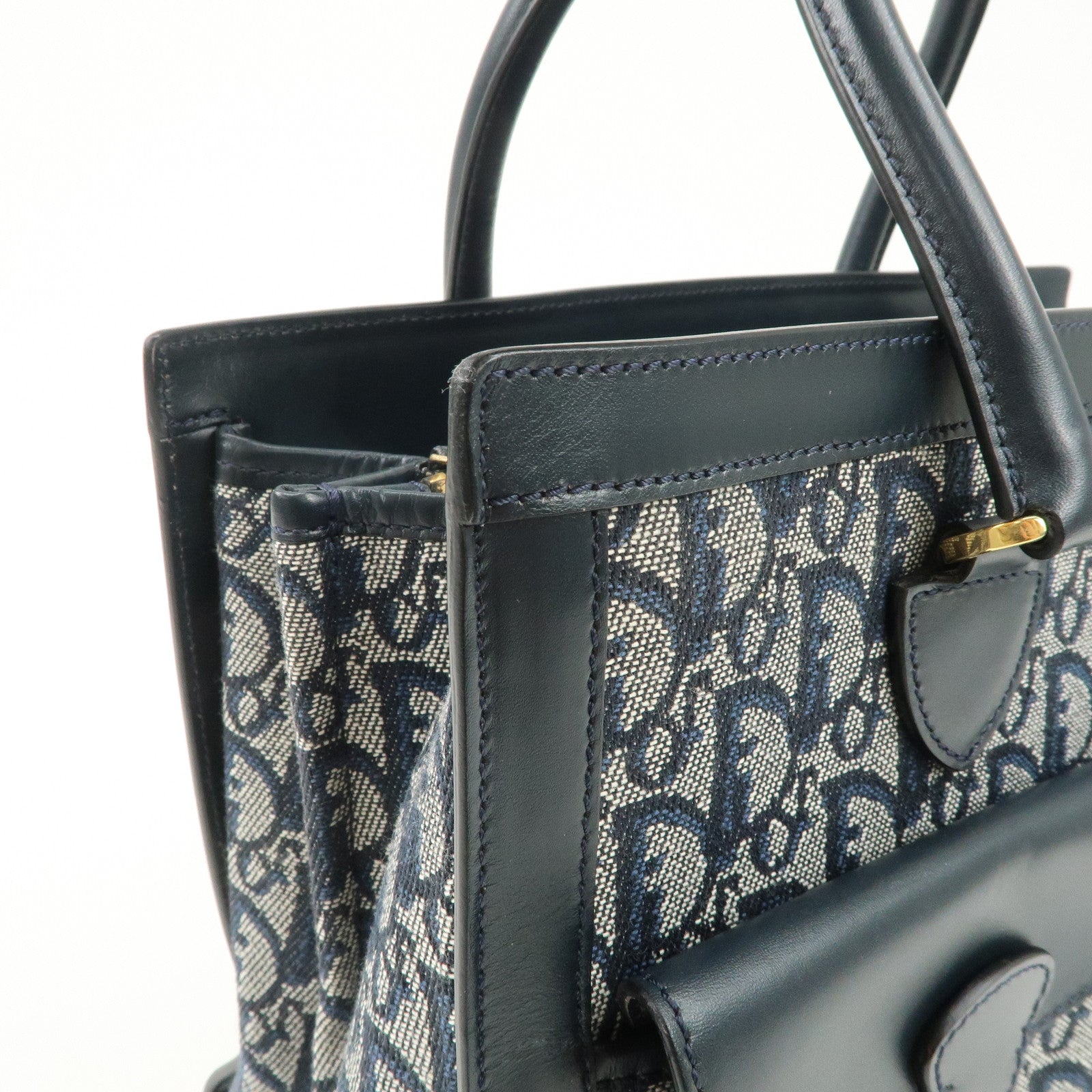 Christian Dior Trotter Canvas Leather Tote Bag Hand Bag Navy Used