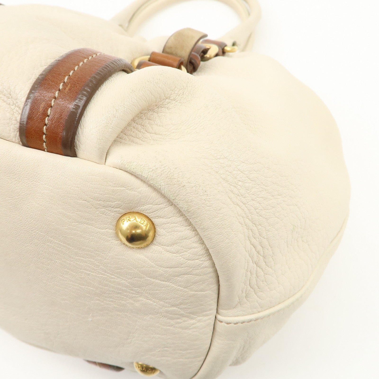 PRADA Leather 2Way Bag Tote Bag Brown White BN1773 Used