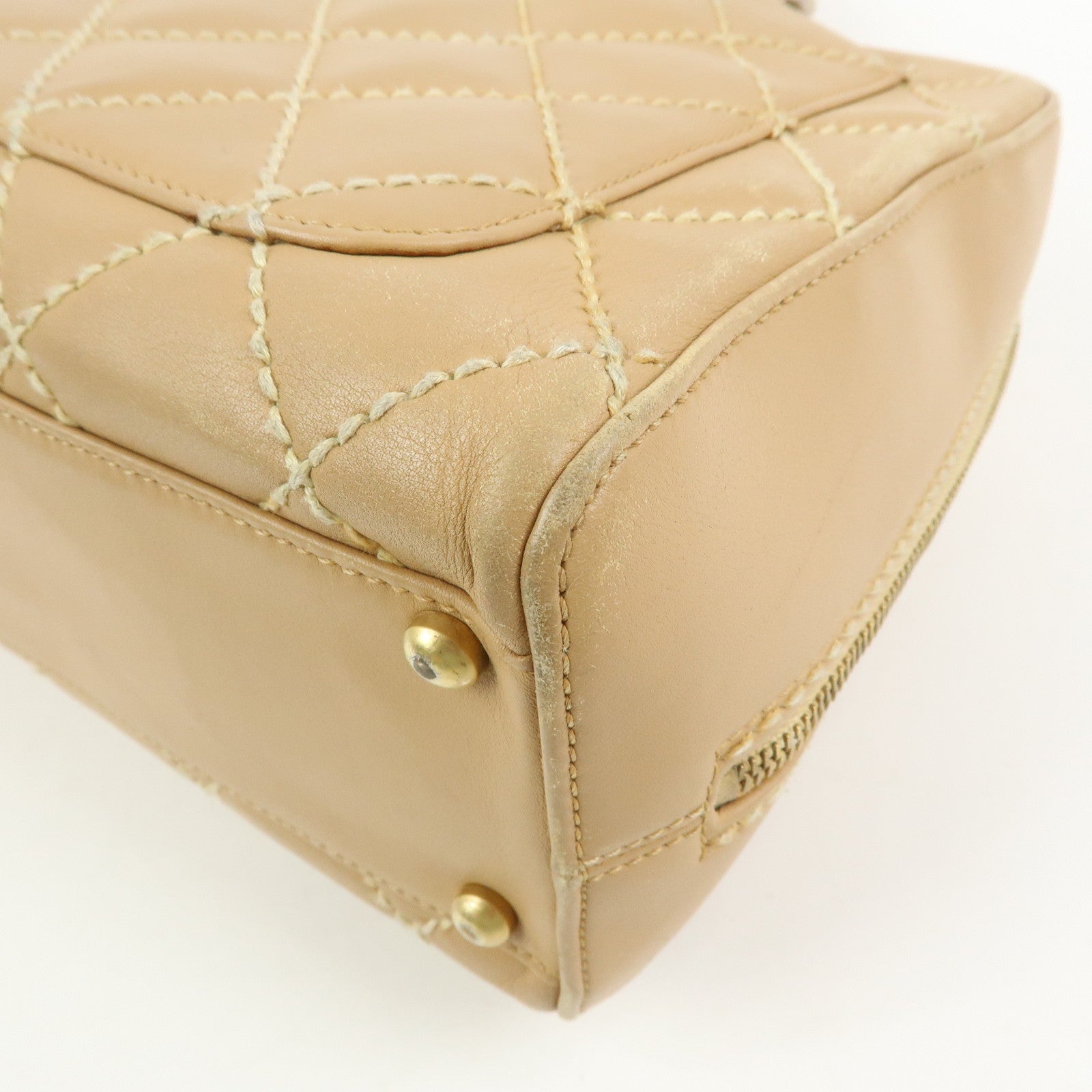CHANEL Wild Stitch Calf Leather Boston Bag Hand Bag Beige