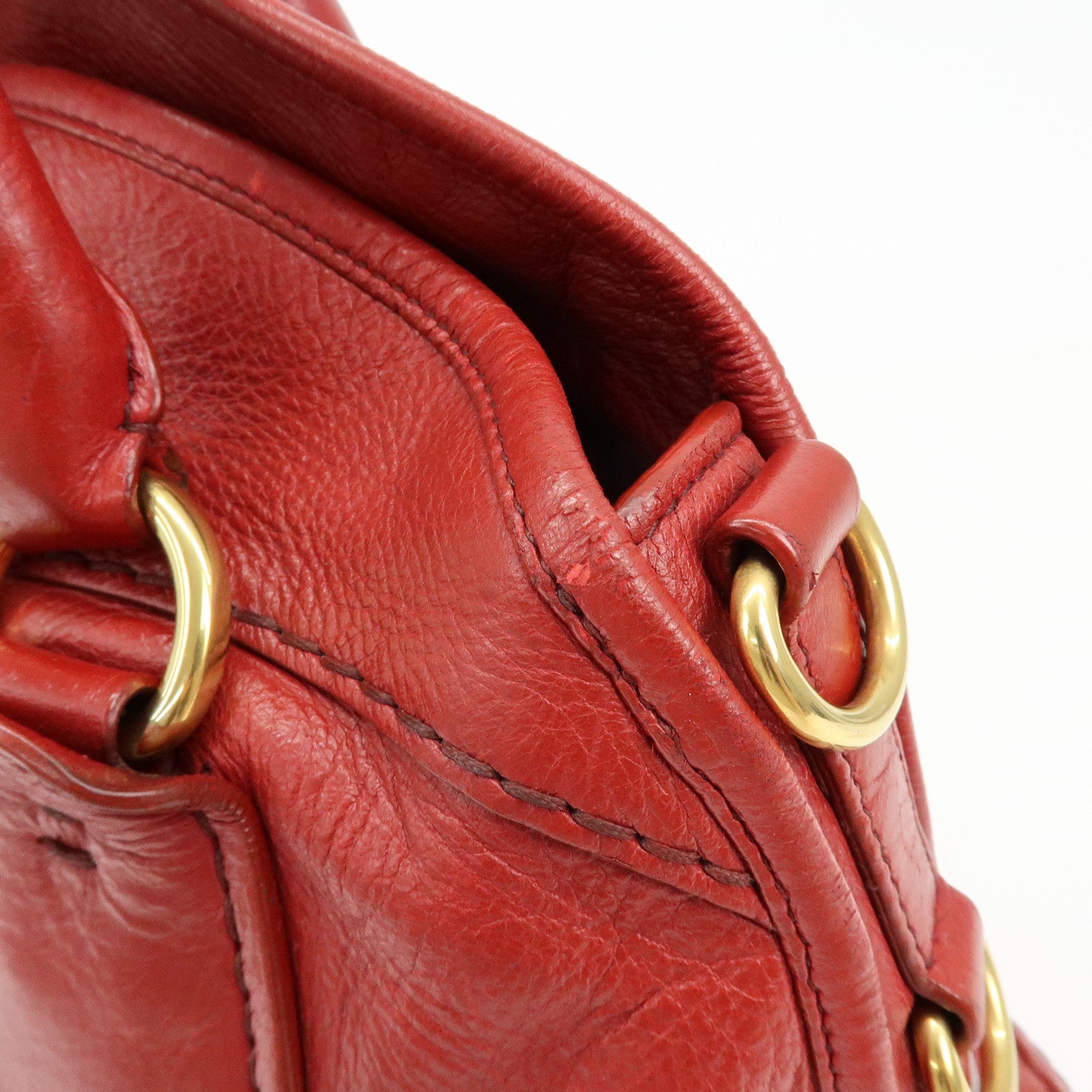 PRADA Cervo Shine Leather Bowler Bag 2Way Tote Bag Red BL0688
