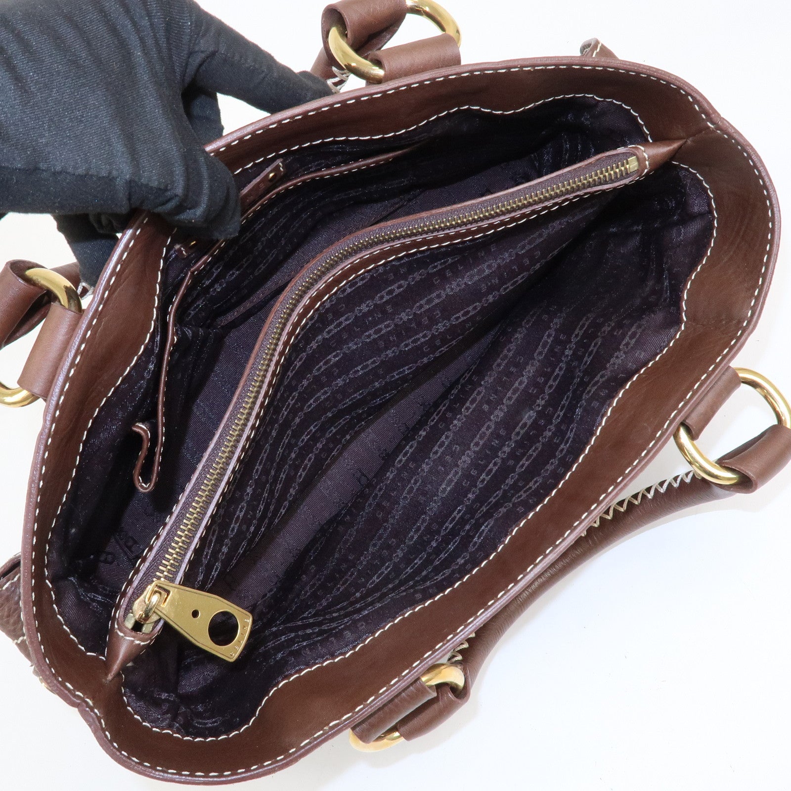 CELINE Leather Boogie Bag Hand Bag Tote Bag Brown Gold HDW