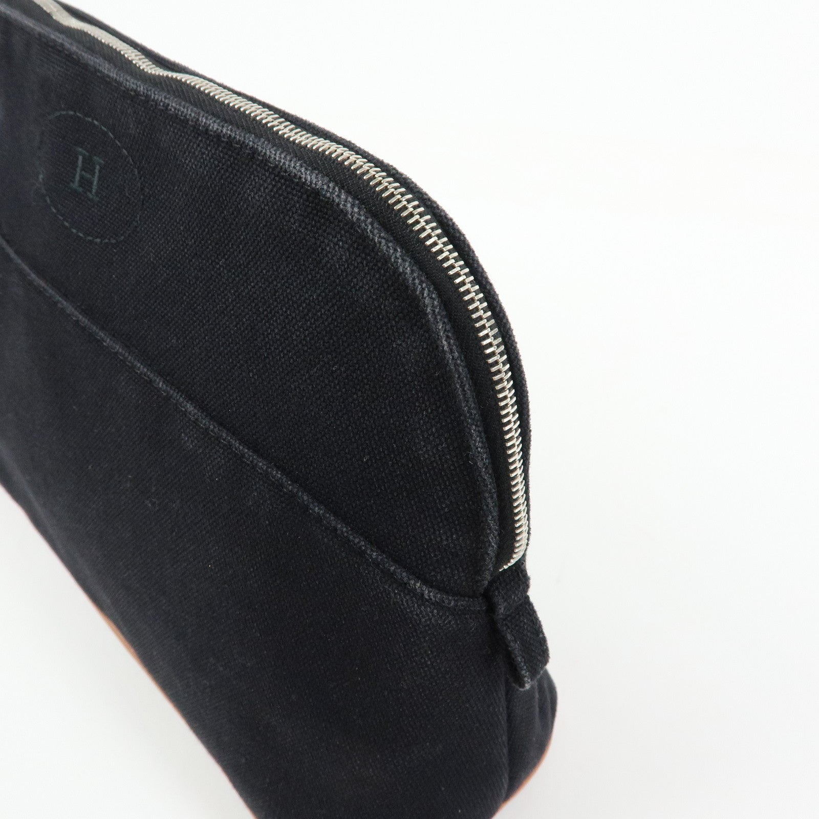 HERMES Bolide MM Cotton Leather Cosmetic Pouch Black Beige