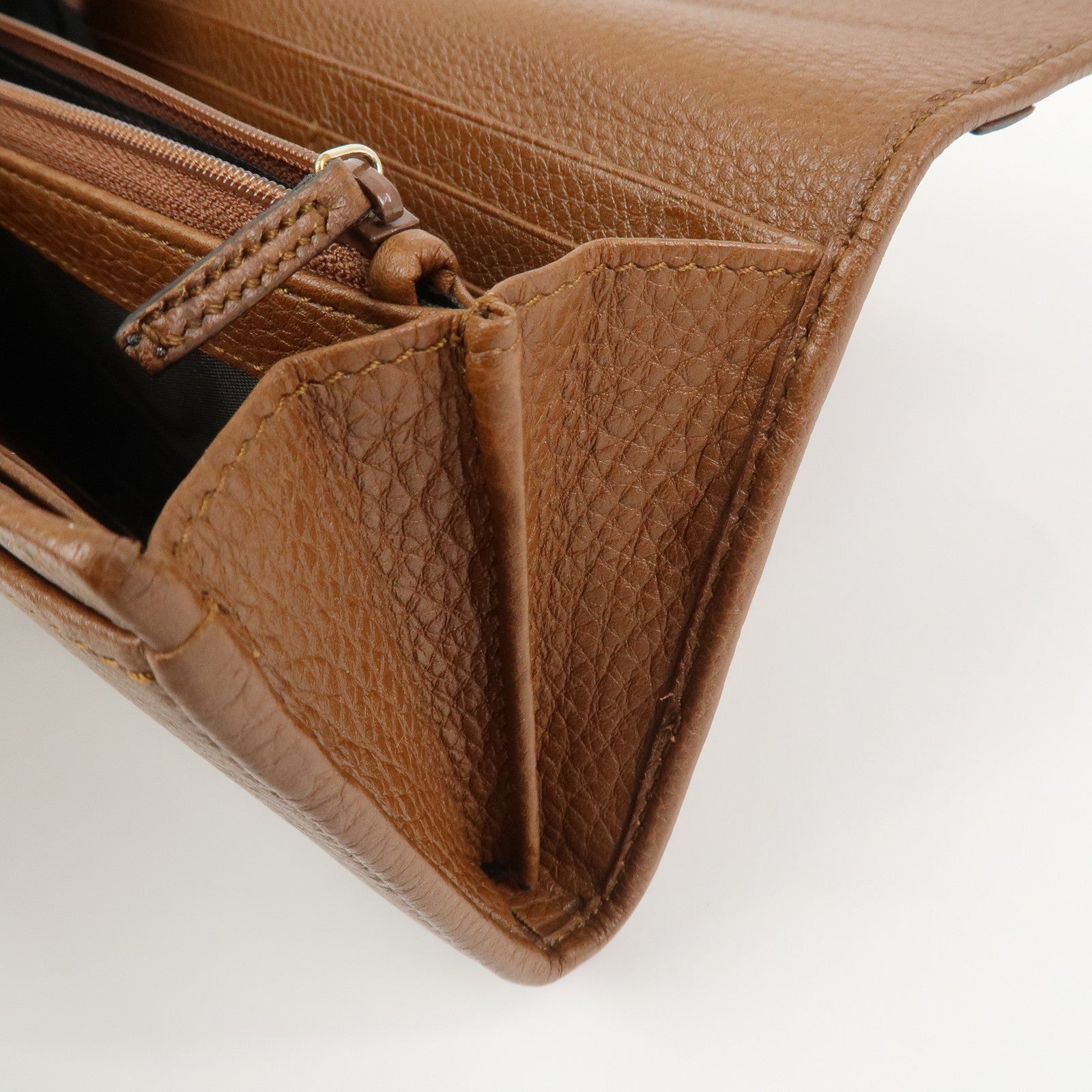 GUCCI Logo Leather Flap Long Wallet Brown 323396