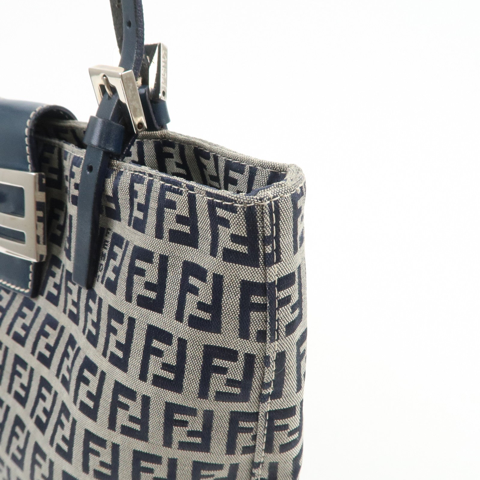 FENDI Zucchino Canvas Leather Tote Bag Shoulder Bag Navy Gray