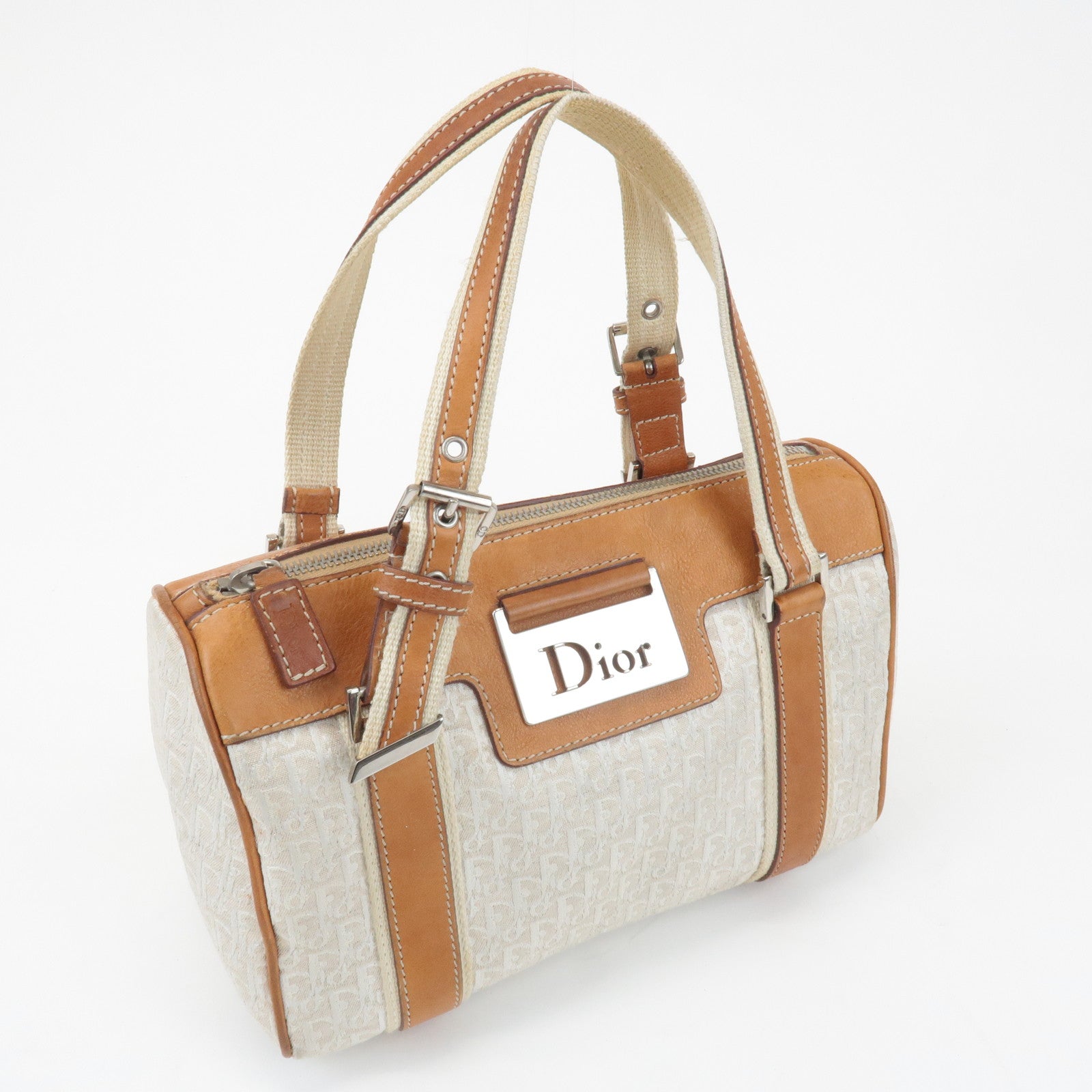 Christian Dior Trotter Canvas Leather Mini Boston Bag White Brown