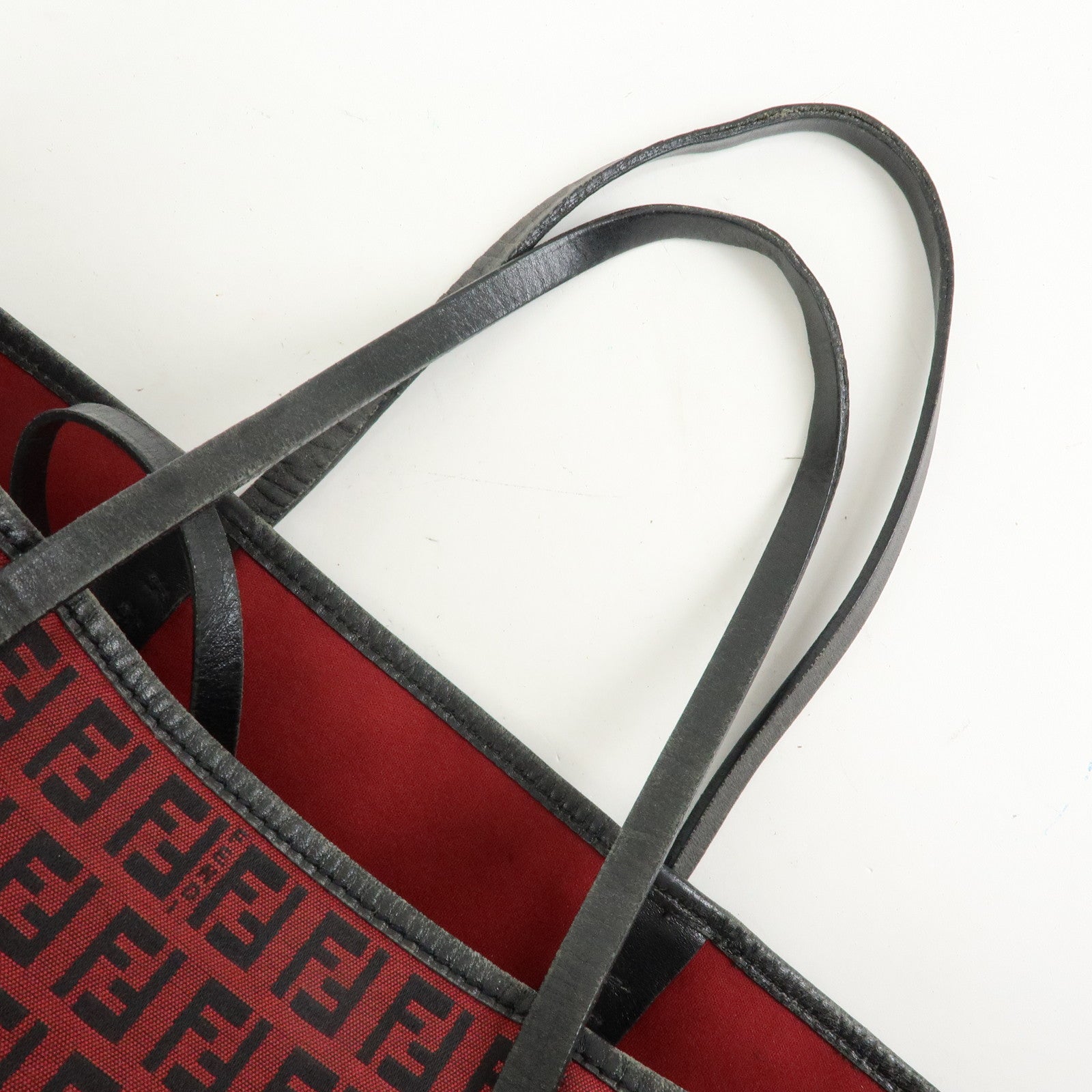 FENDI Zucchino Canvas Leather Tote Bag Hand Bag Red Black 8BH005