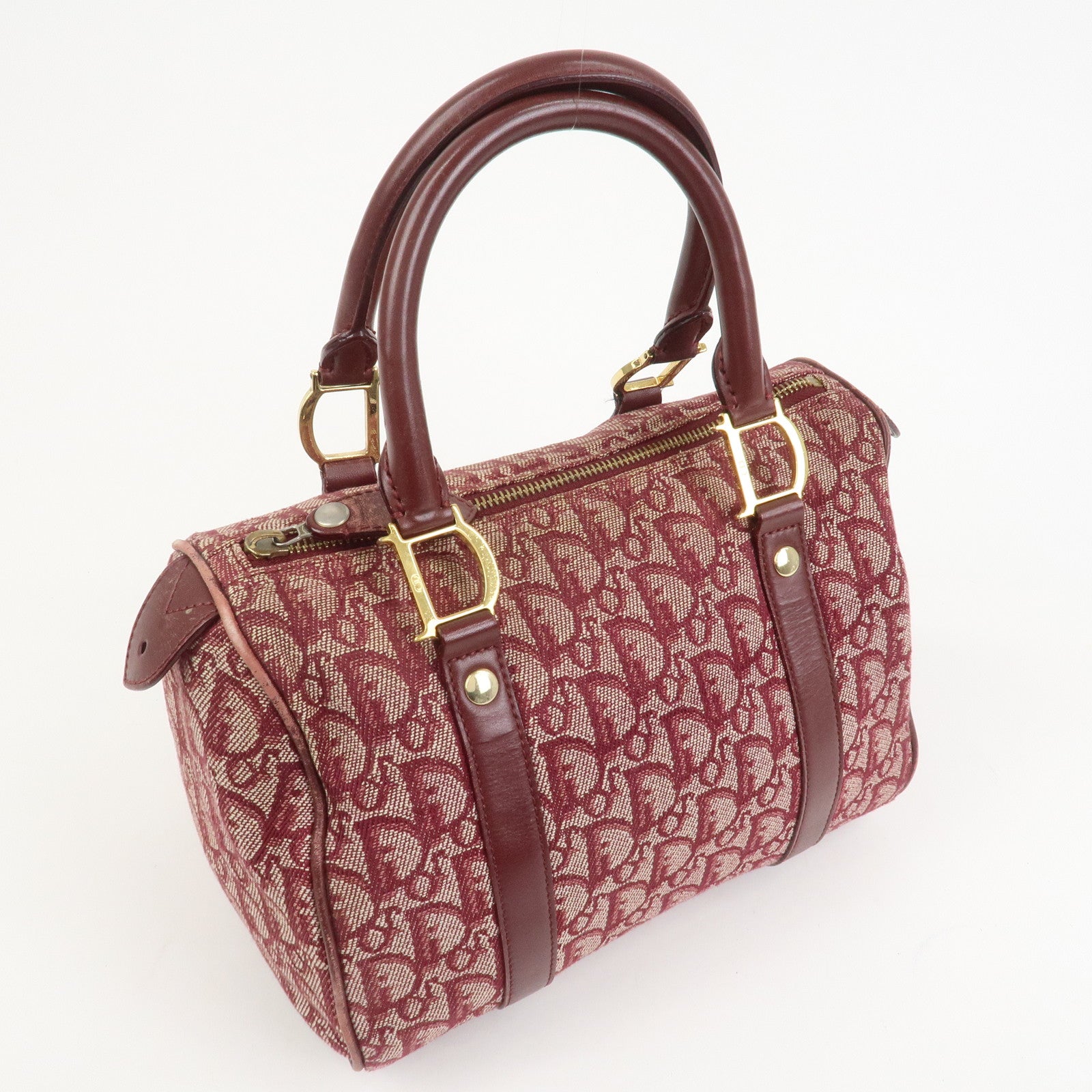 Christian Dior Trotter Jacguard Canvas Leather Boston Hand Bag Red