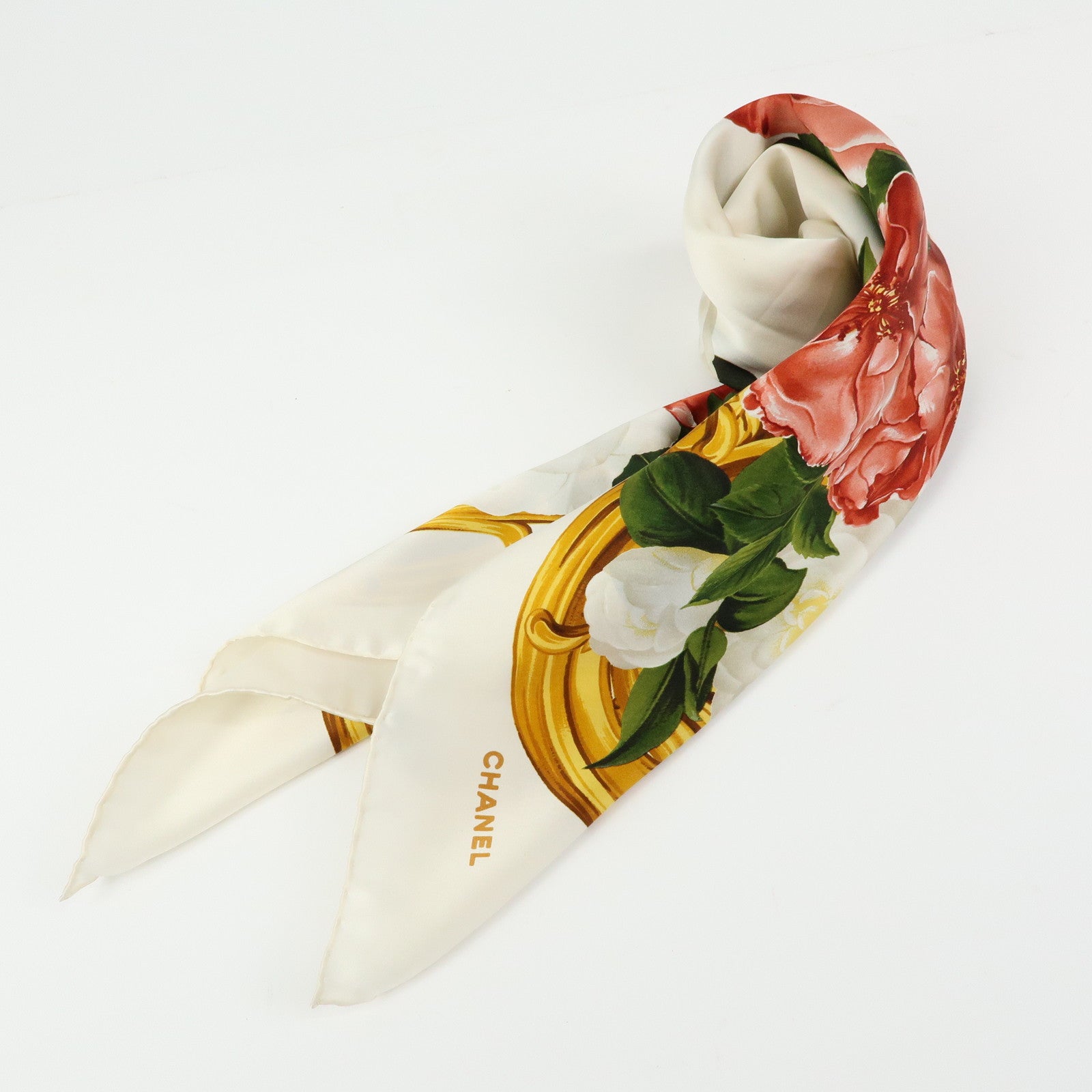 CHANEL Silk 100% Scarf Flower Print White Red Gold