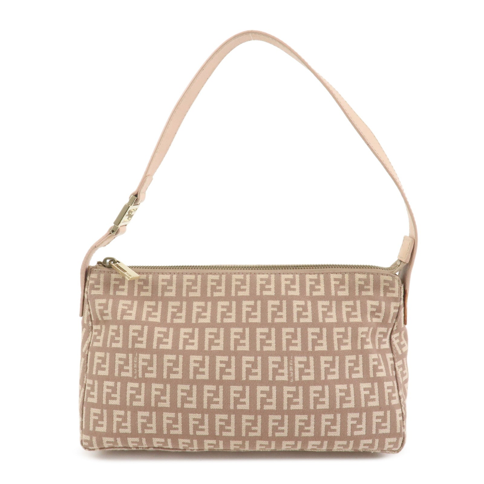 FENDI Zucchino Canvas Leather Shoulder Hand Bag Pink Beige 8BR444