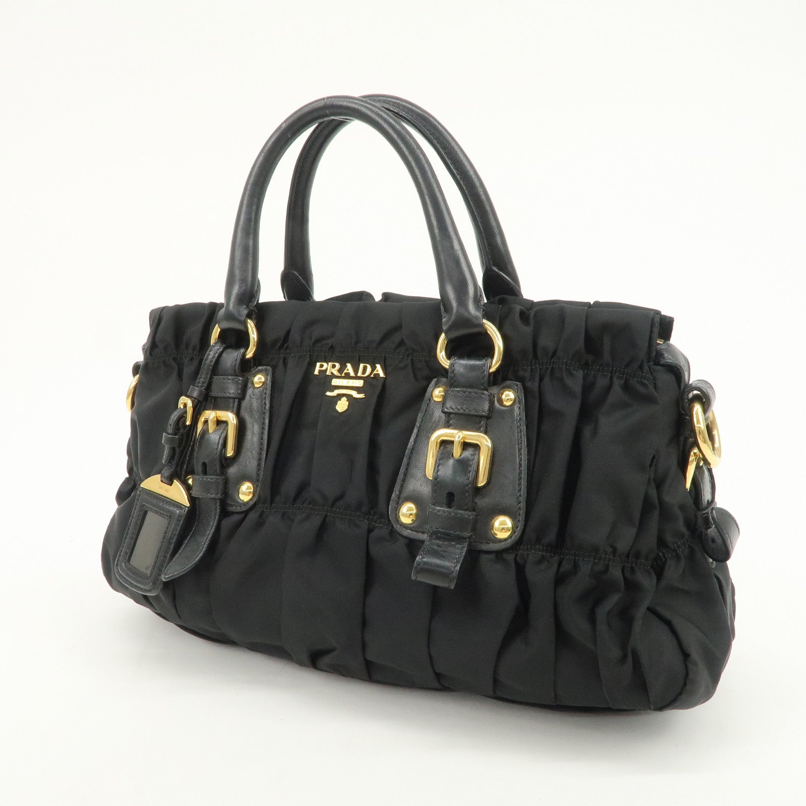 PRADA Nylon Leather Gathered 2Way Hand Shoulder Bag Black BN1407