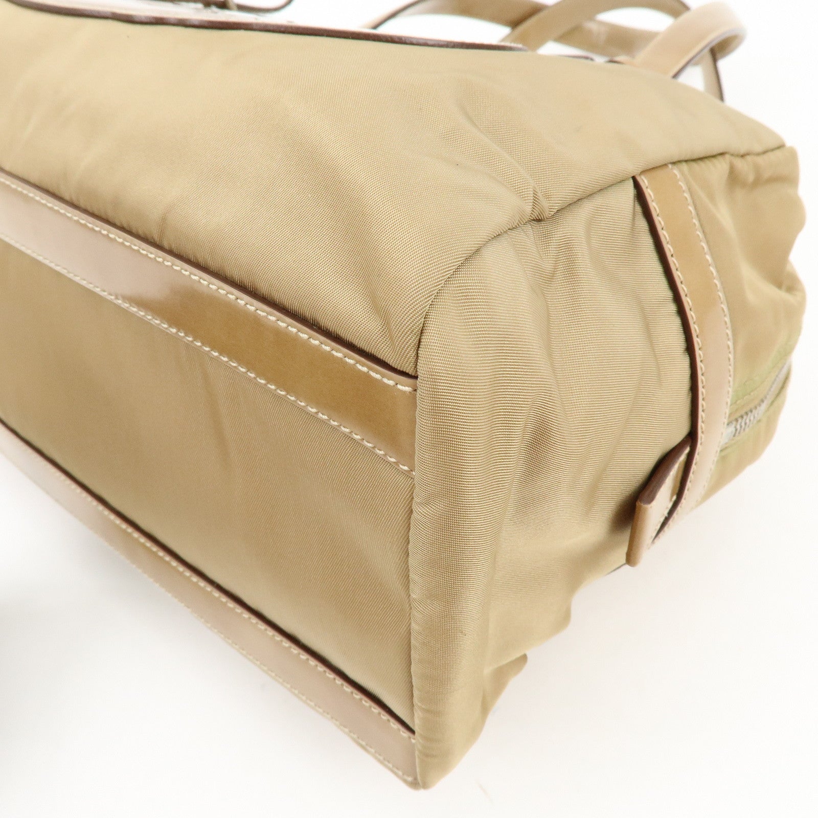 PRADA Logo Nylon Leather Shoulder Bag Boston Bag Beige BR3150