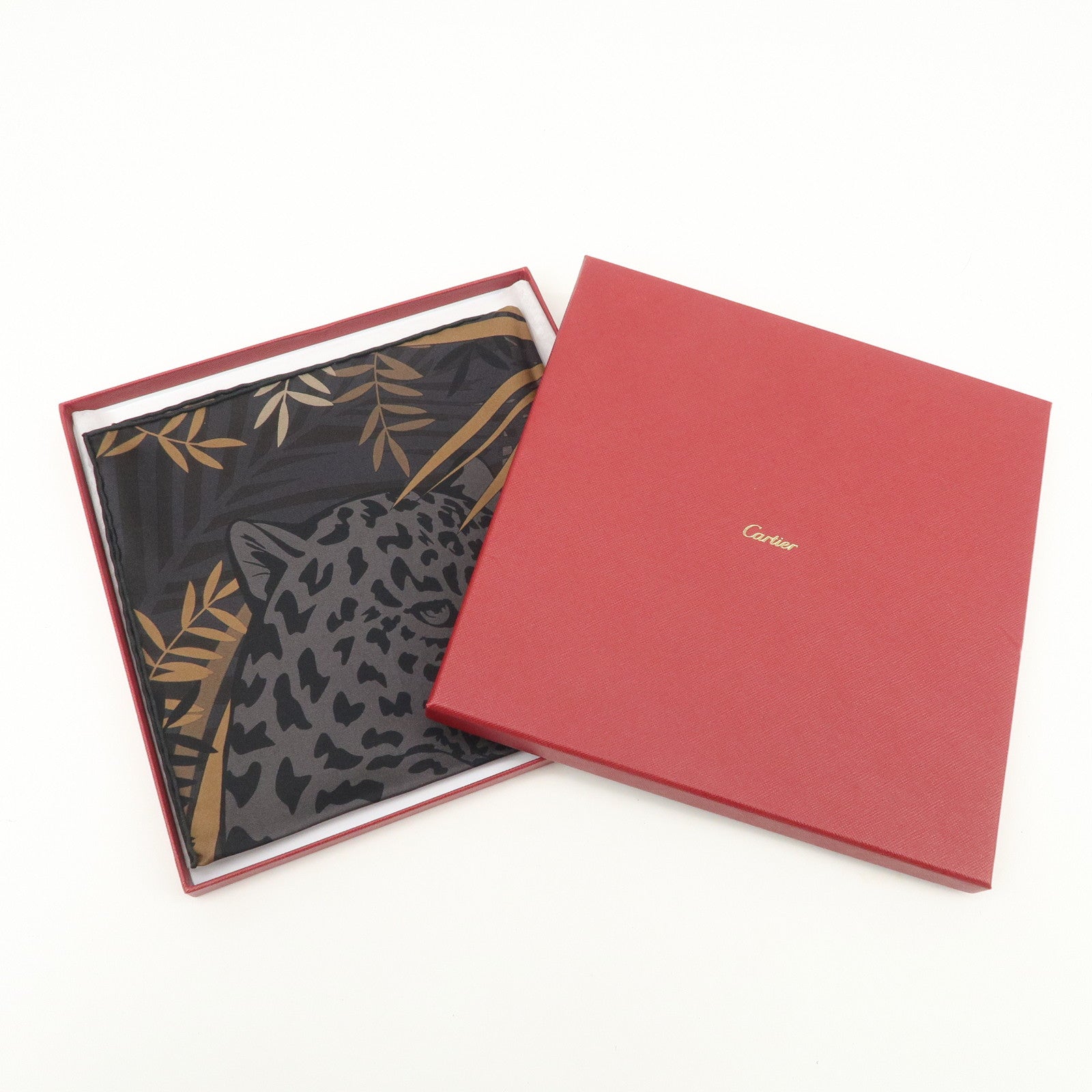 Cartier Silk 100% 42×42 Scarf Leopard Safari Motif Black Brown