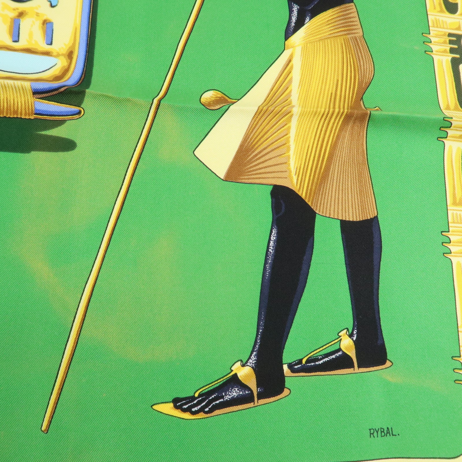 HERMES Carre 90 Silk 100% Scarf TUTANKHAMUN Green Gold