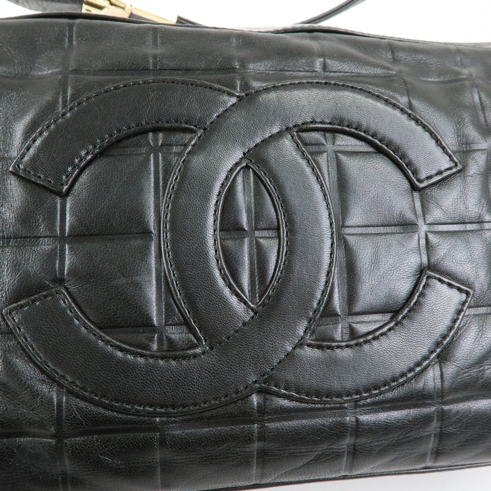 CHANEL Chocolate Bar COCO Mark Lamb Skin Hand Shoulder Bag Black