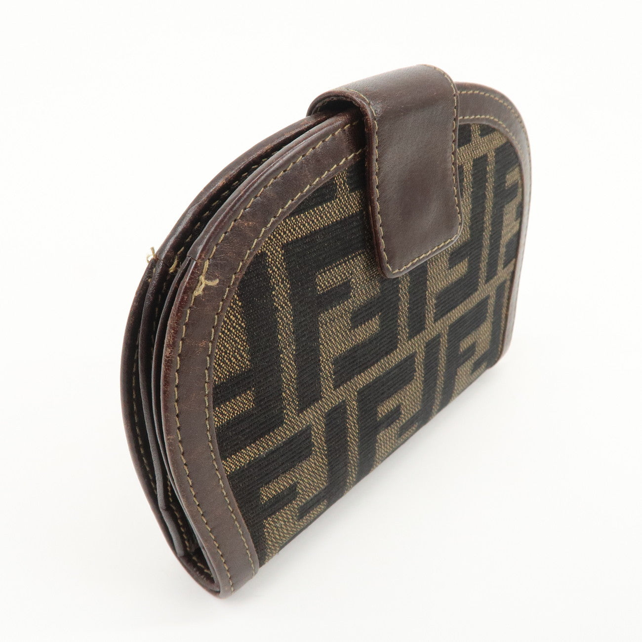 FENDI Zucca Canvas Leather Compact Wallet Black Brown 01223