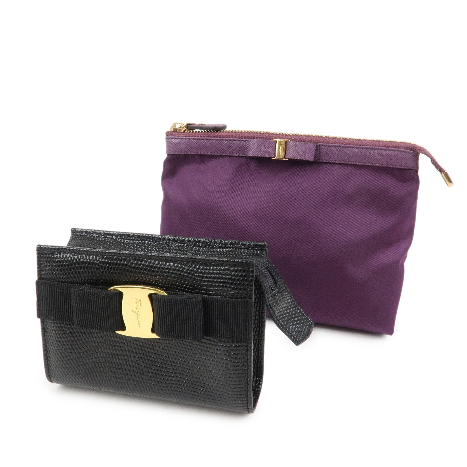 Ferragamo Set Of 2 Leather Nylon Pouch Black Purple Gold