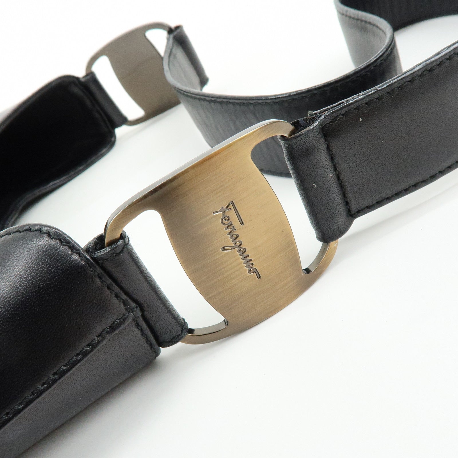 Ferragamo Vara Canvas Leather Shoulder Bag Hand Bag Black