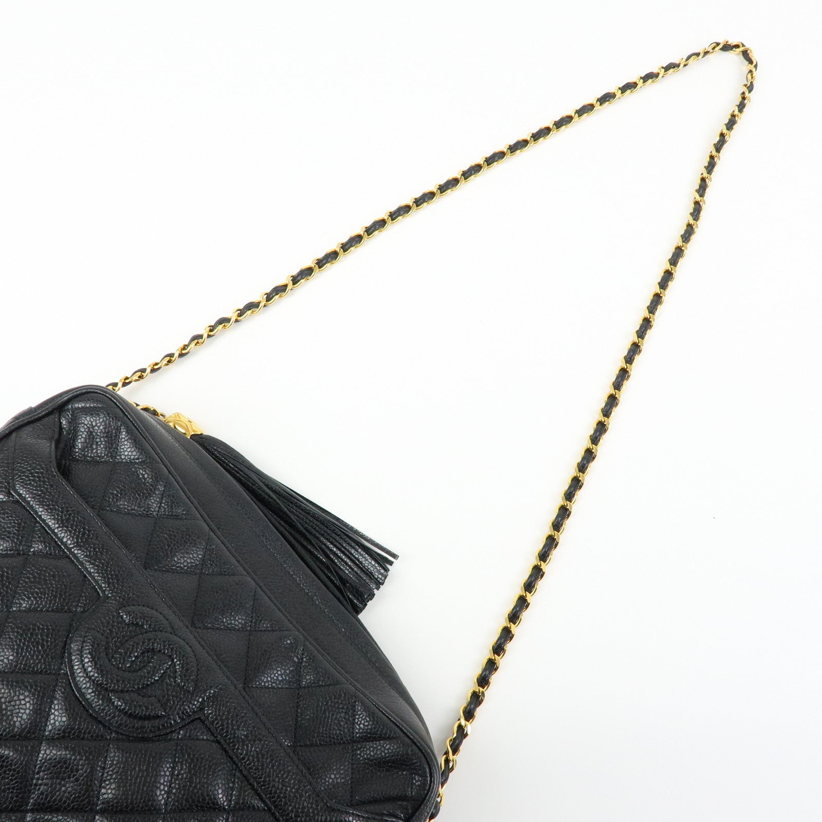 CHANEL Matelasse Cavairskin Chain Shoulder Bag Tassel Black Gold