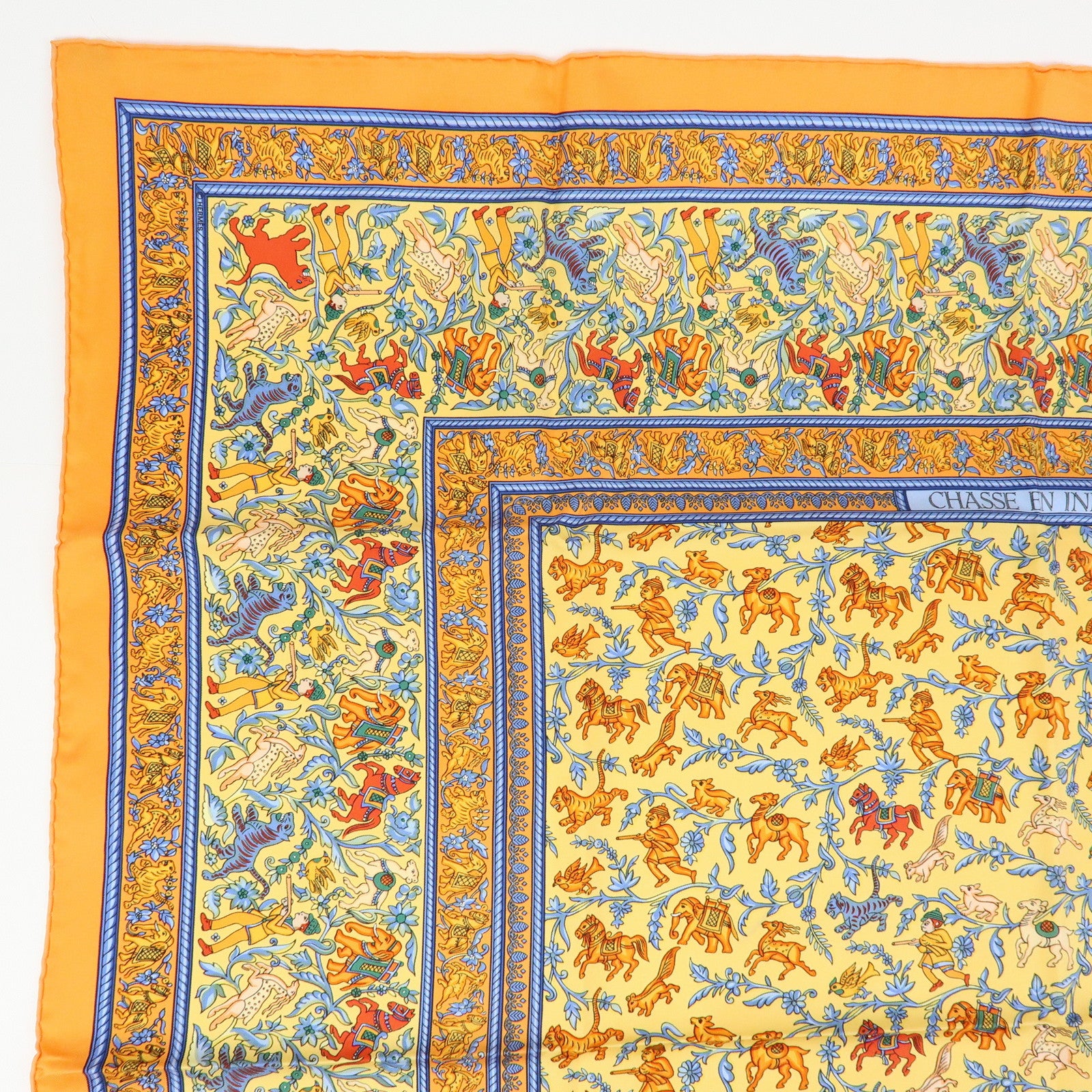 HERMES Carre 90 Silk 100% Scarf CHASSE EN INDE Orange Multicolor