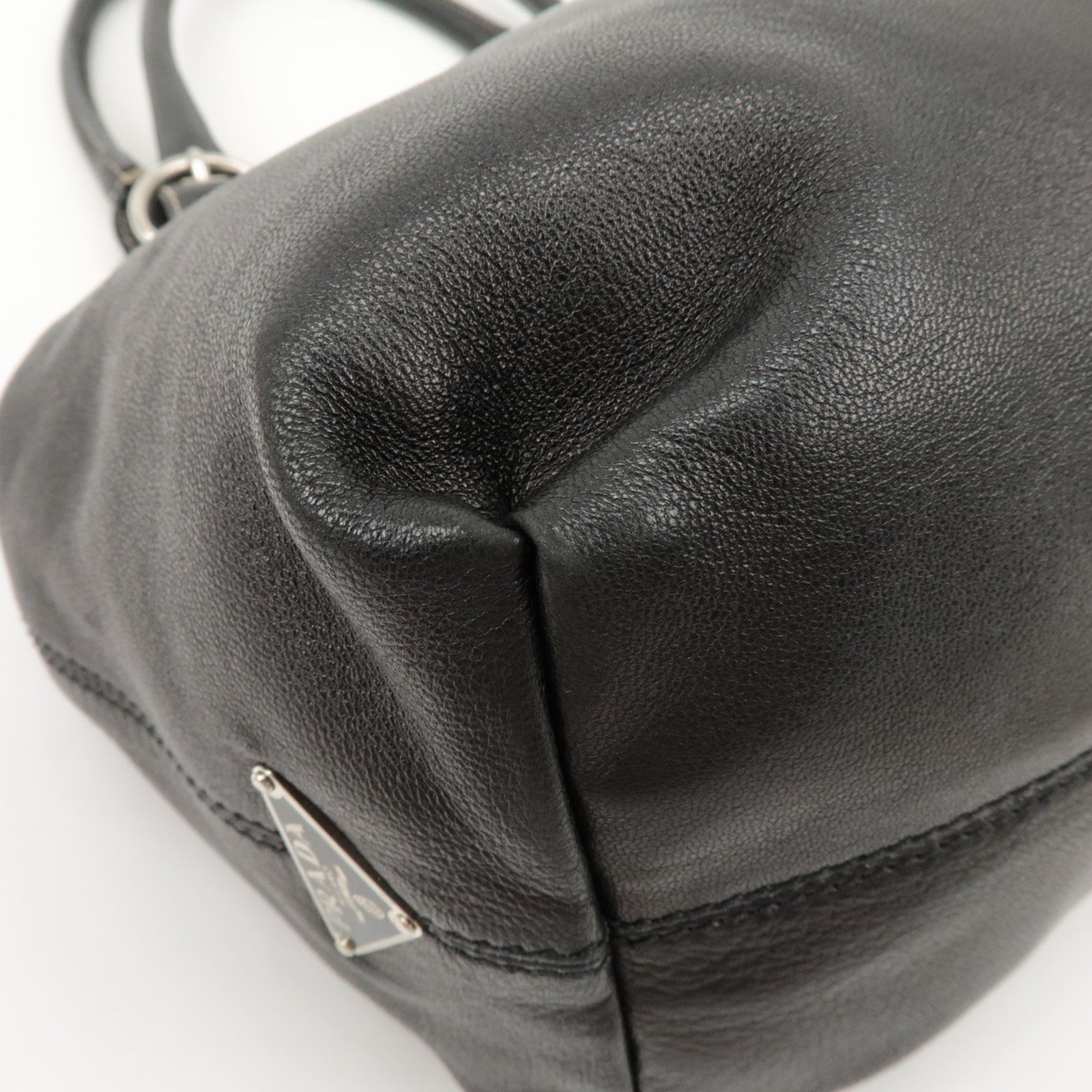 PRADA Triangle Logo Leather Tote Bag Hand Bag Black Used