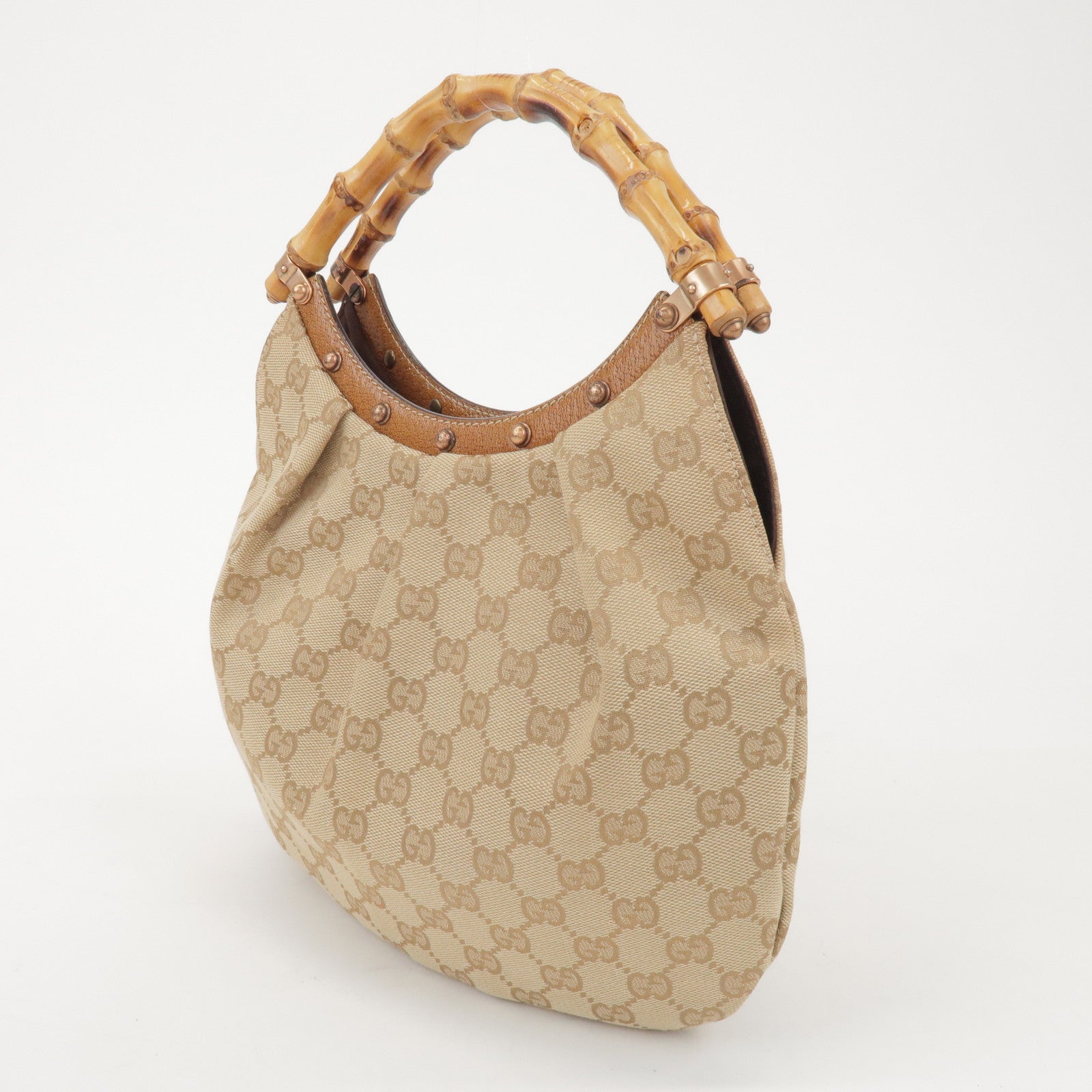 GUCCI Bamboo GG Canvas Leather Hand Bag Beige 124297