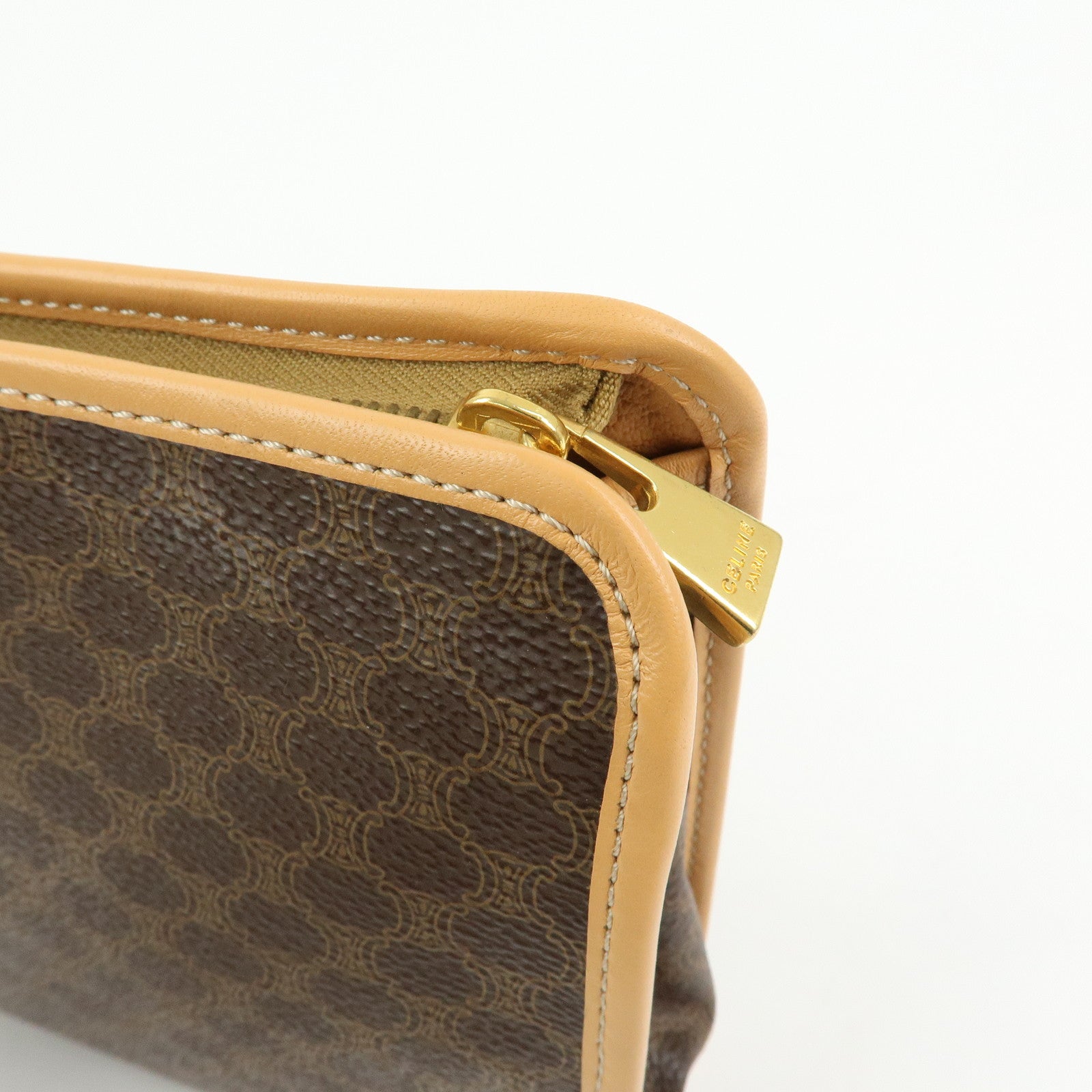 CELINE Macadam PVC Coated Canvas Leather Clutch Bag Pouch Brown