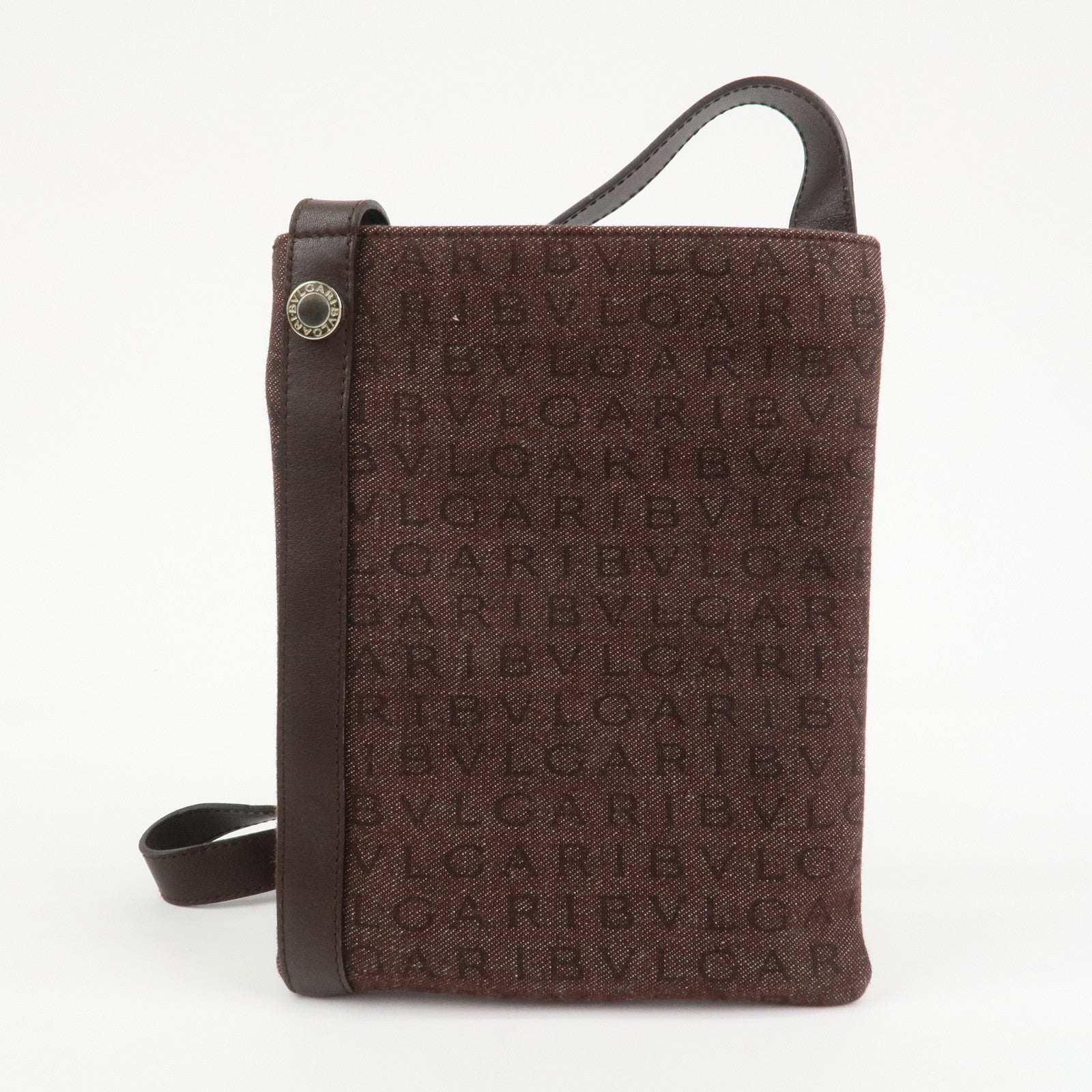 BVLGARI Logo Mania Canvas Leather Shoulder Bag Crossbody Bag Brown