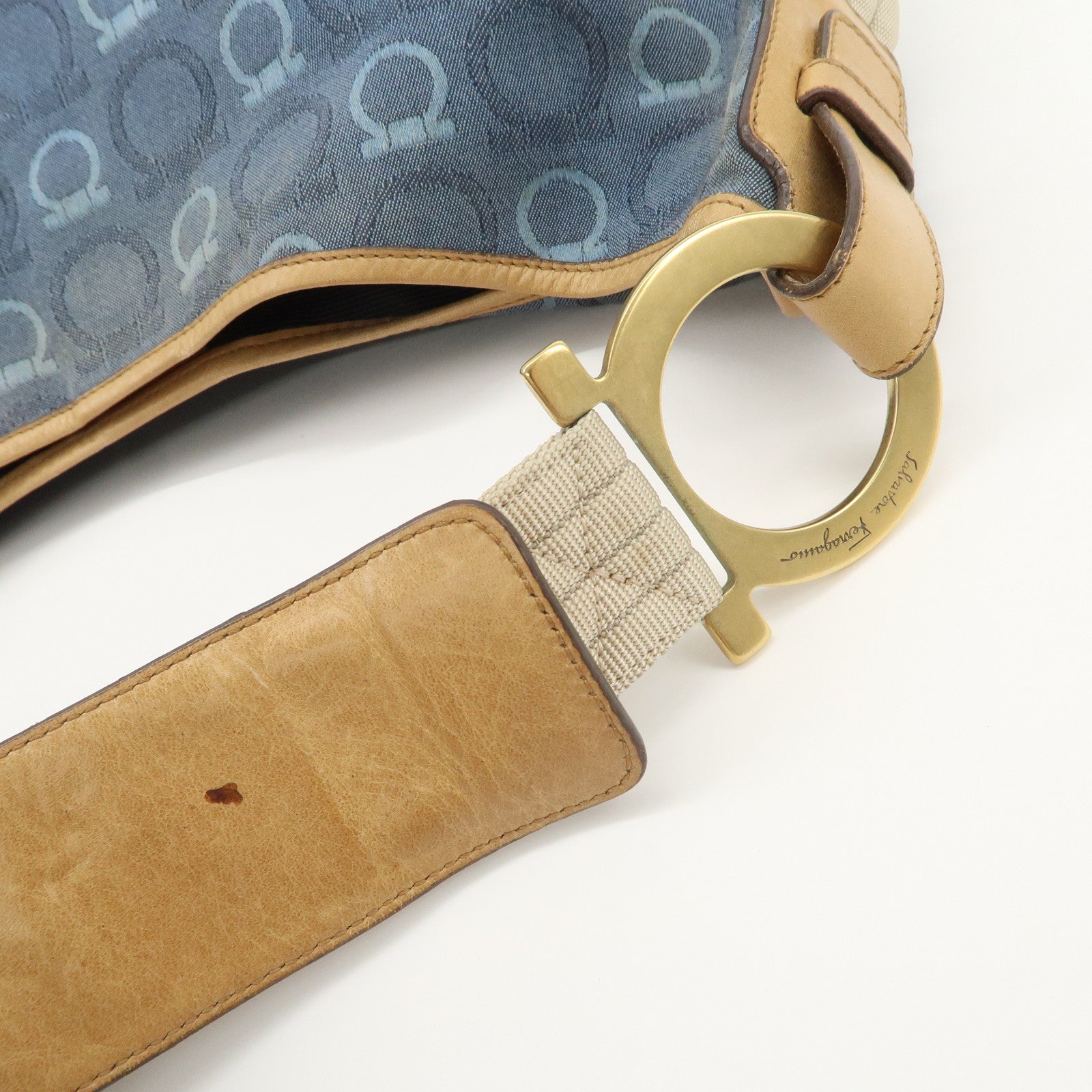 Ferragamo Gancini Canvas Leather Shoulder Bag Hand Bag Blue Beige