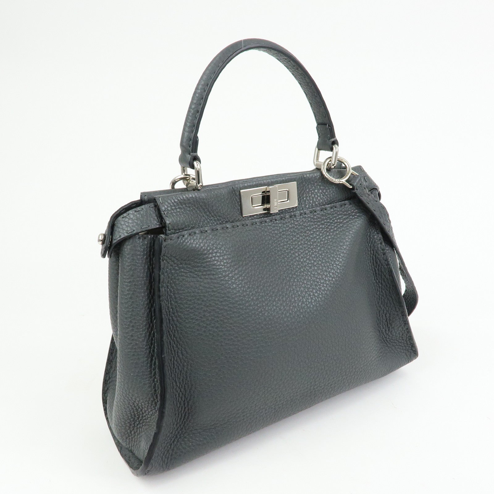 FENDI Peekaboo Selleria Leather 2Way Hand Shoulder Bag Gray 8BN290