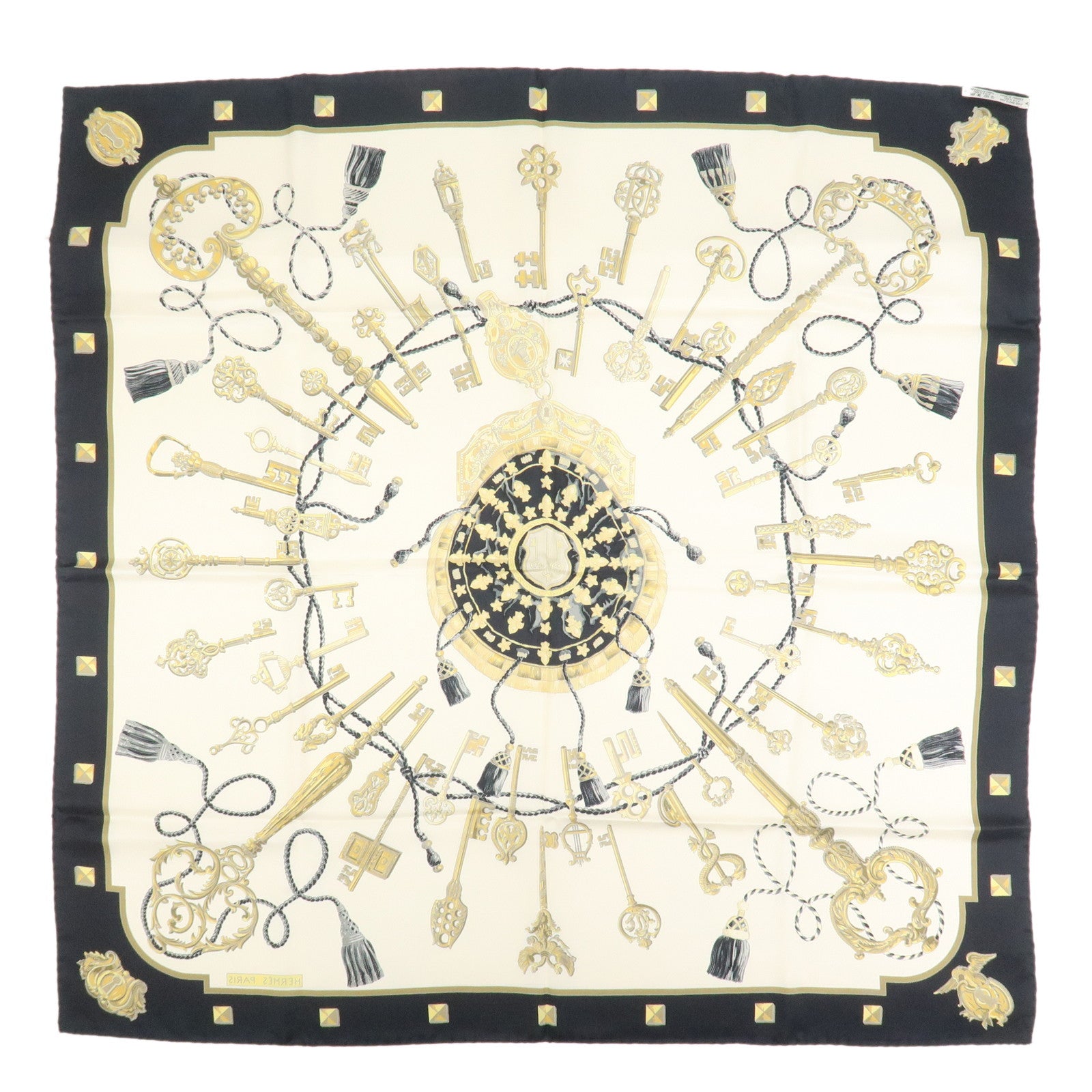 HERMES Carre 90 Silk 100% Scarf LES CLES THE KEYS RARE Black Ivory