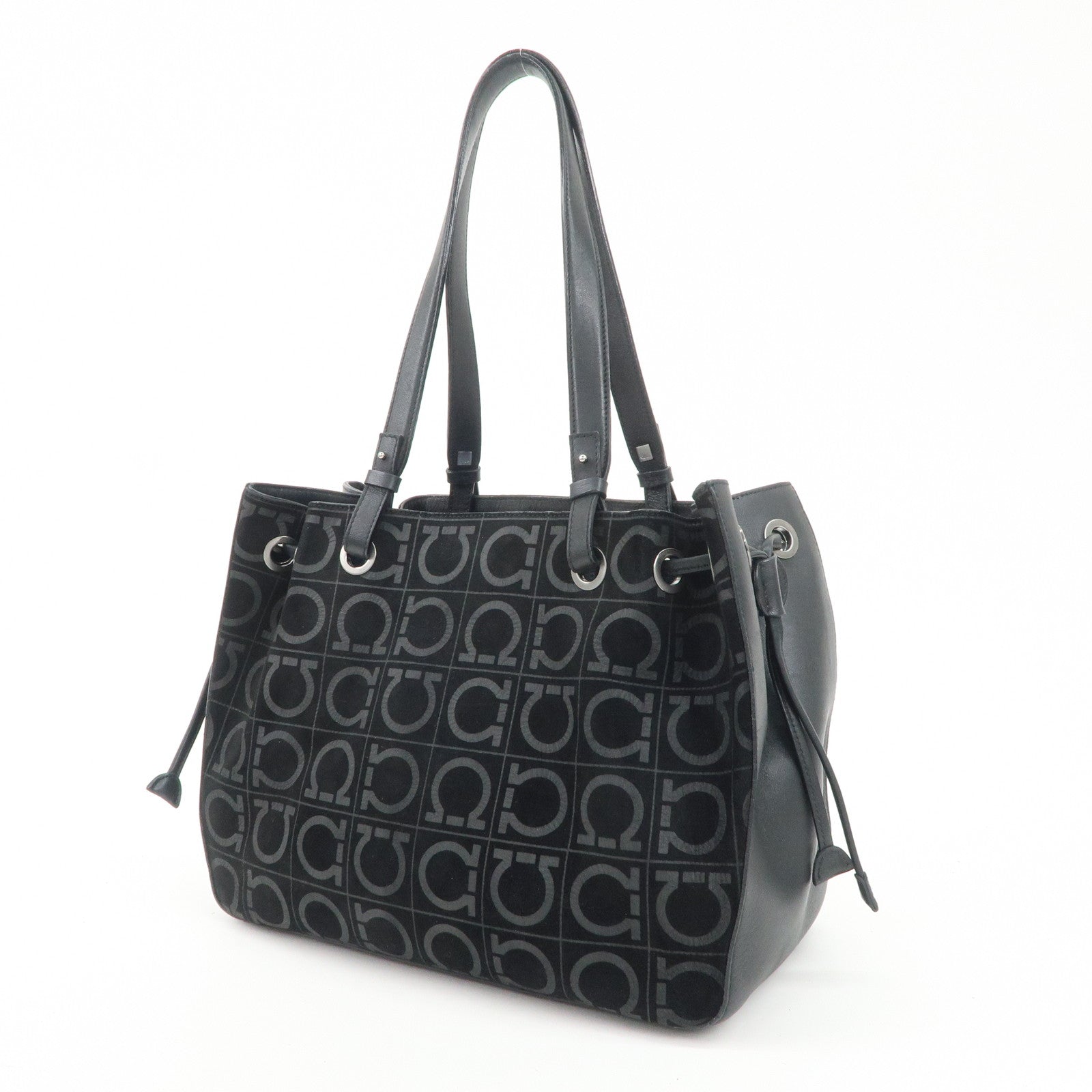 Ferragamo Gancini Leather Suede Shoulder Bag Hand Bag Black