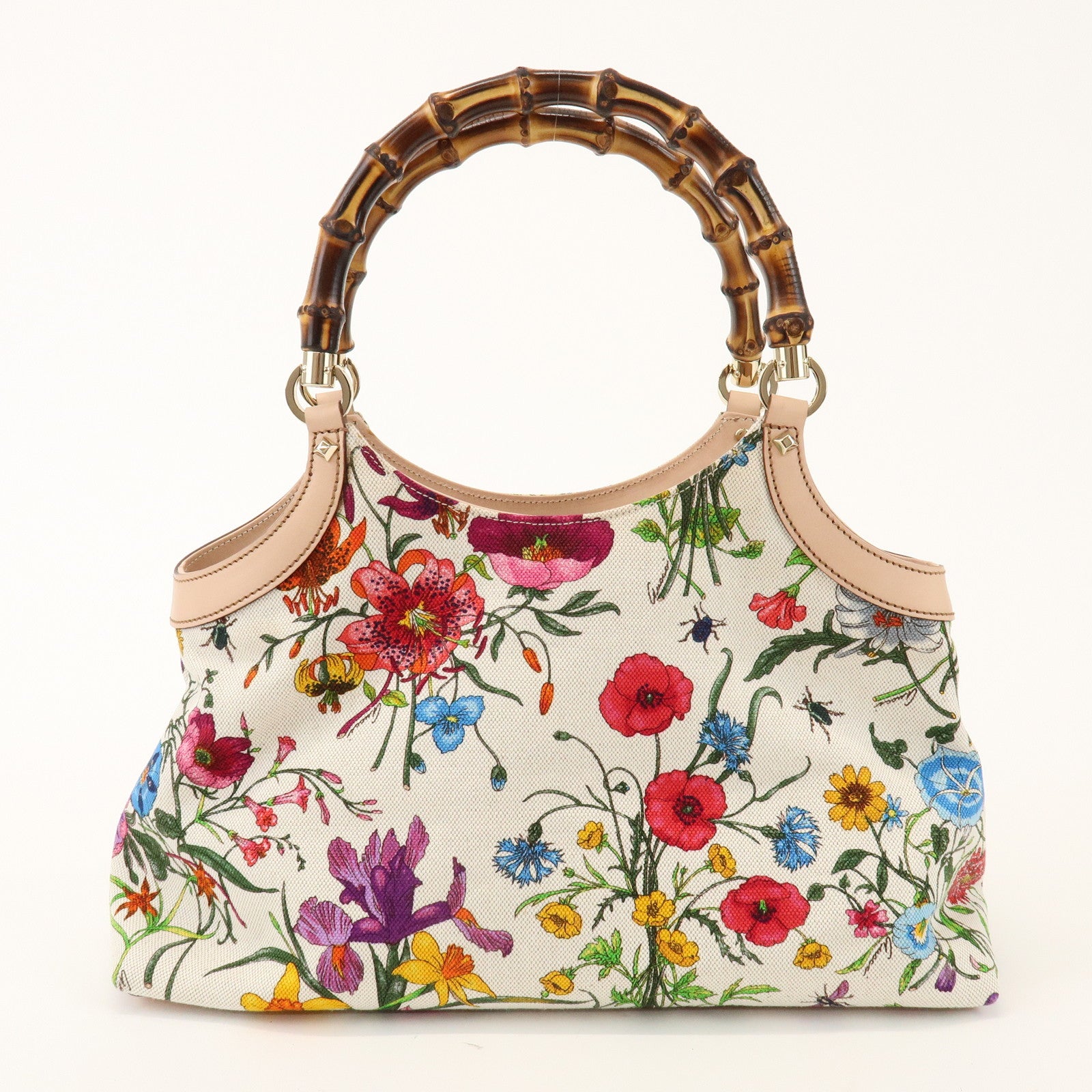 GUCCI Bamboo Flora Canvas Leather Hand Bag Multicolor Beige 137395