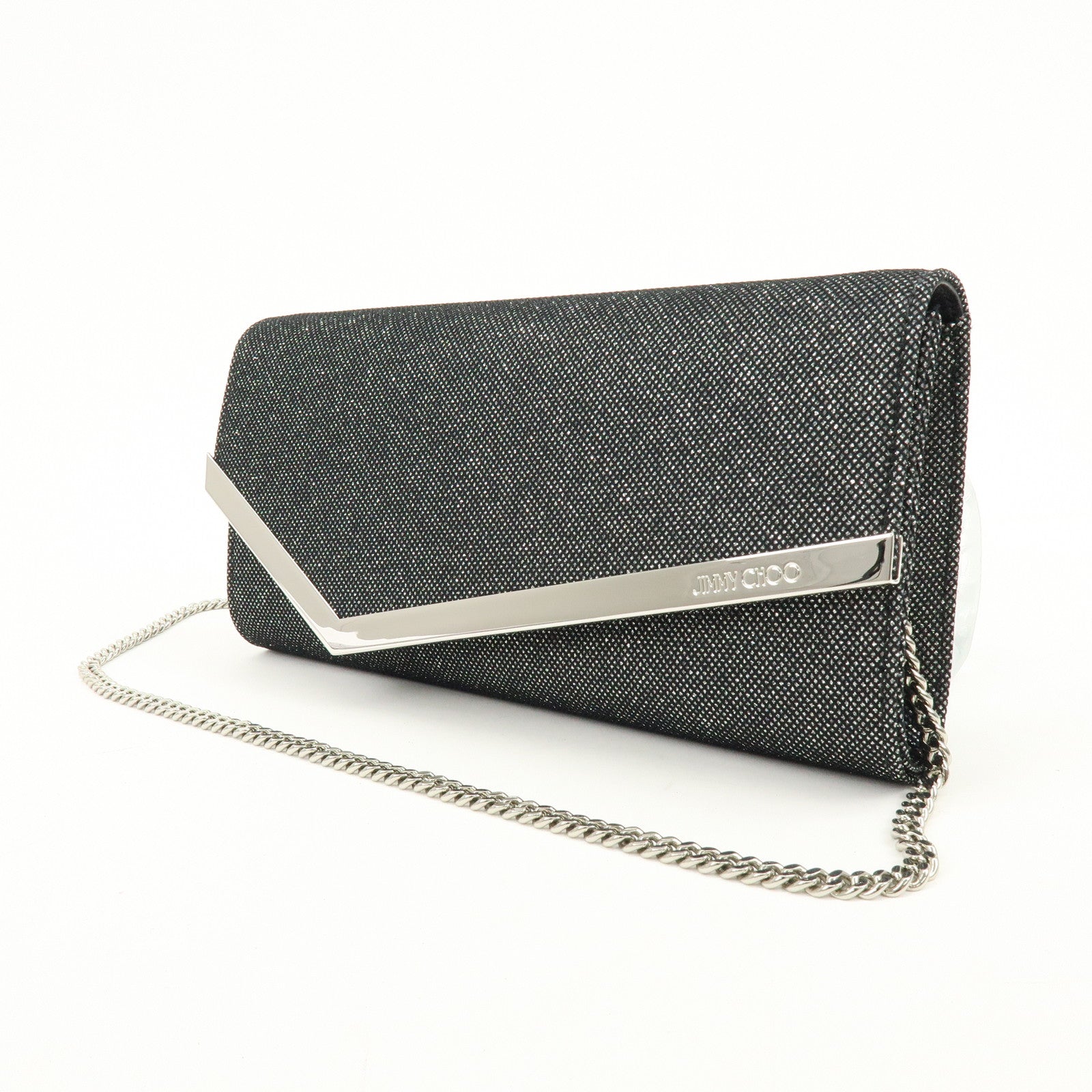 JIMMY CHOO Emmie Canvas Leather Chain Shoulder Bag Silver Black