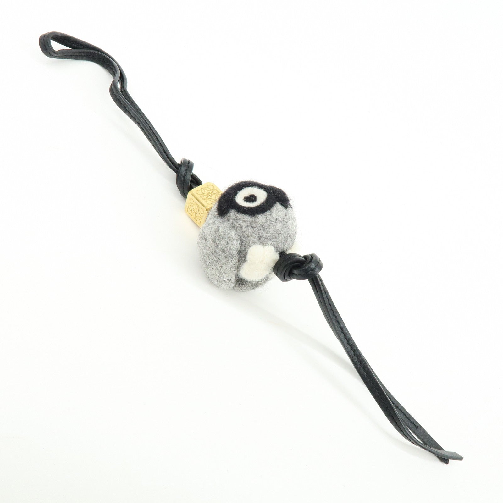 LOEWE Owl Motif Felt Calf Leather Bag Charm Key Holder Gray Black