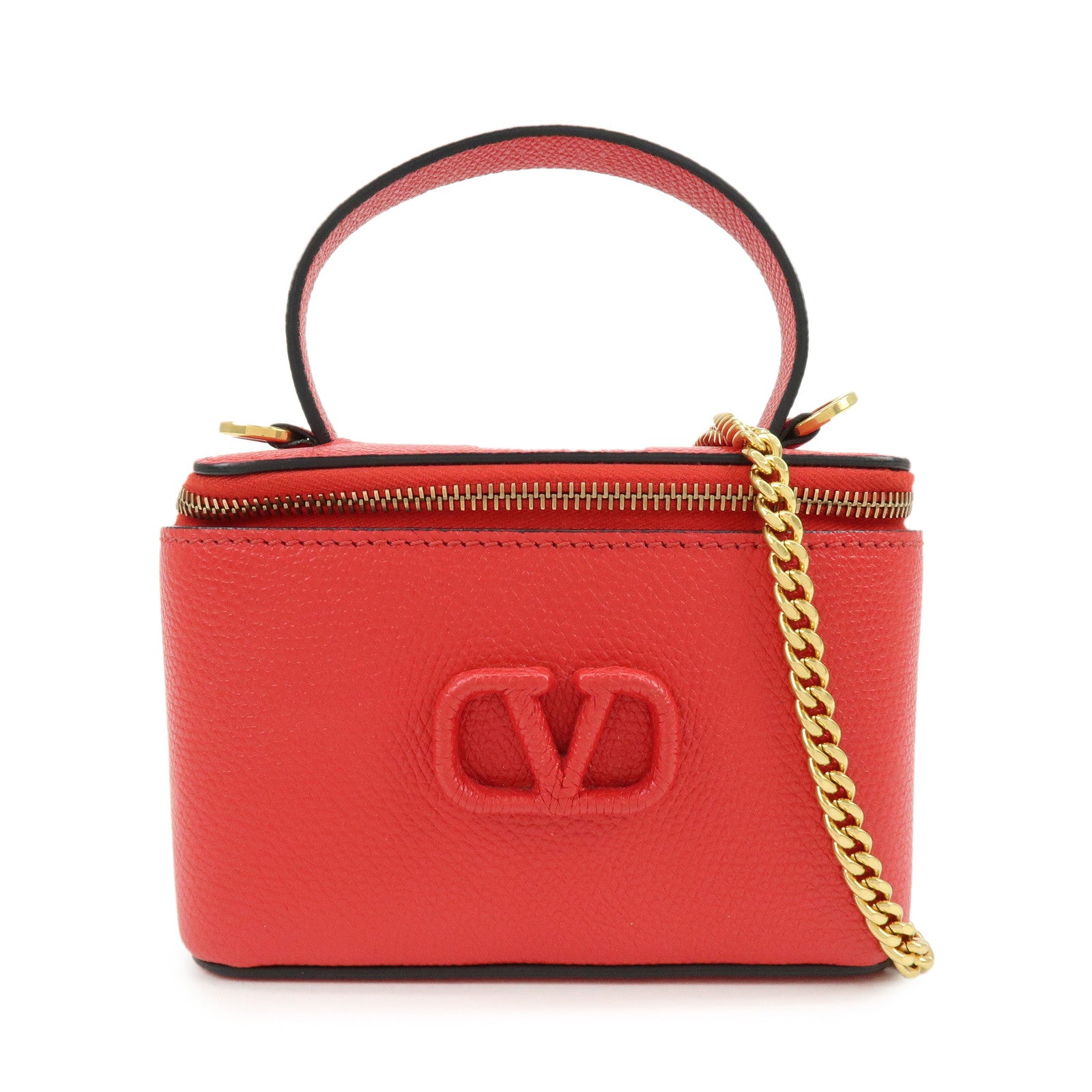 VALENTINO V Logo Leather 2Way Mini Hand Bag Chain Vanity Bag Red