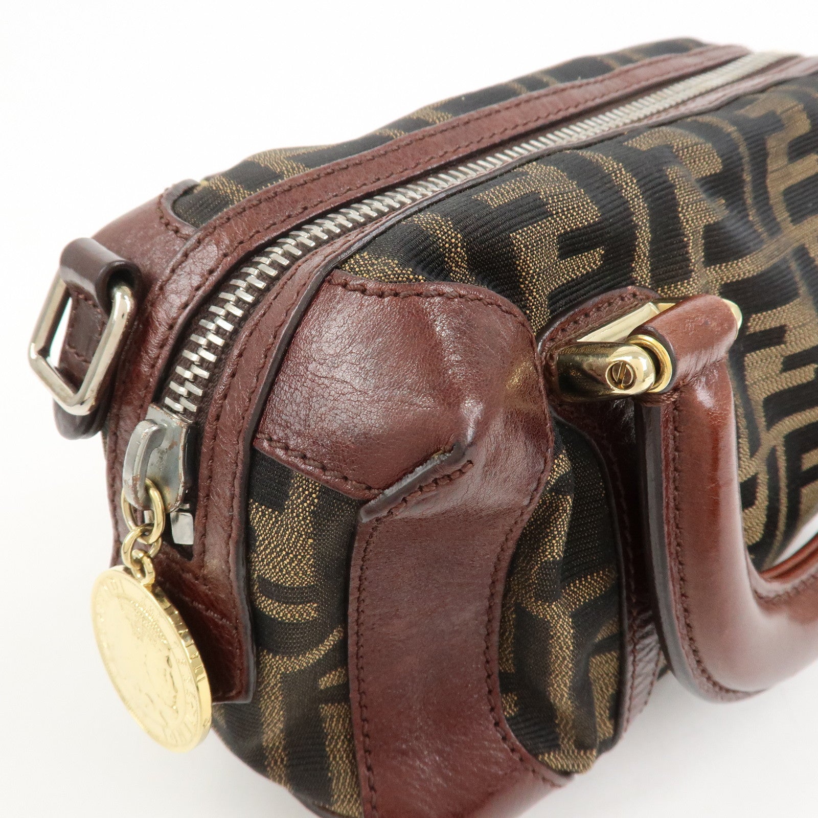 FENDI Zucca Canvas Leather 2Way Bag Mini Boston Bag Hand Bag 8BL084