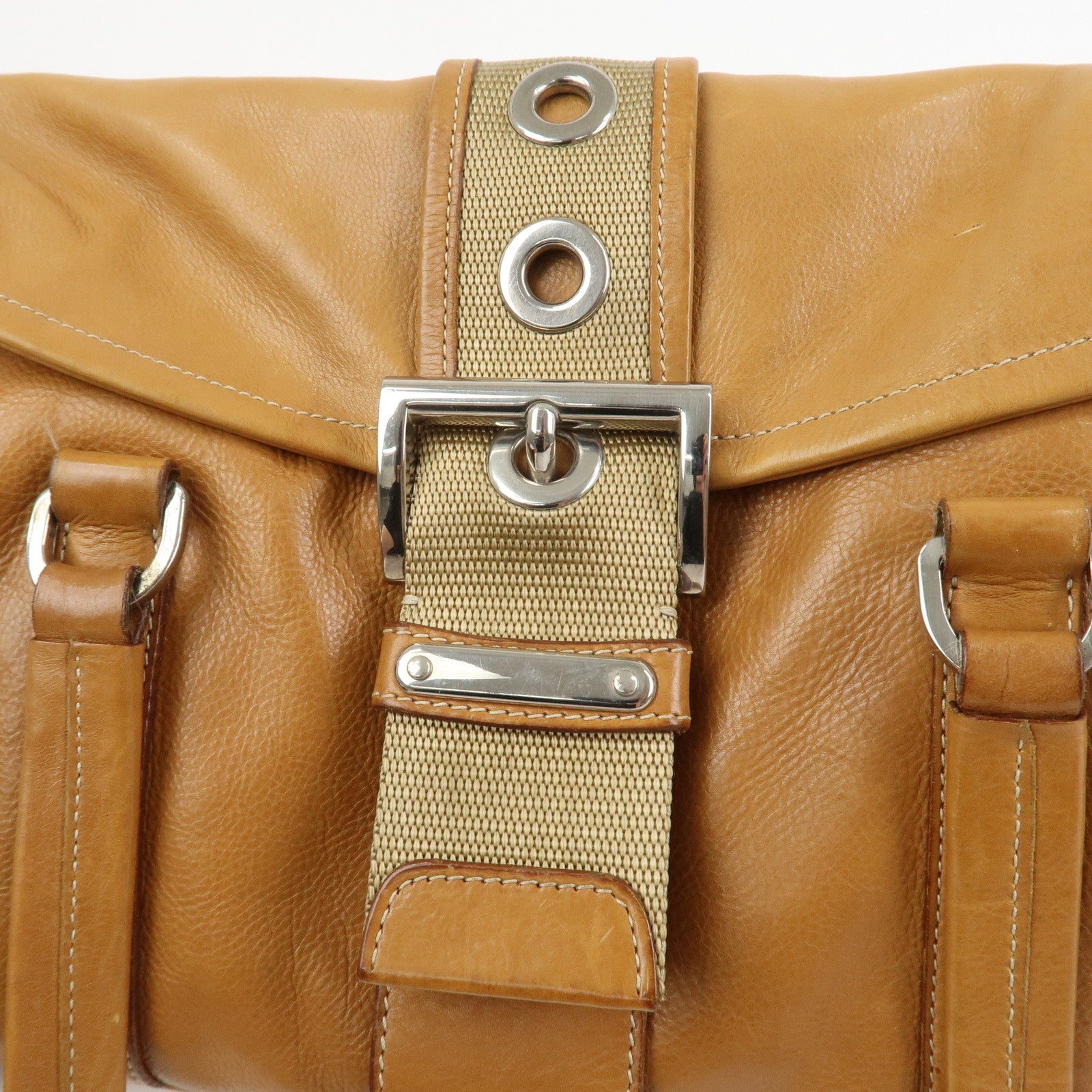 PRADA Triangle Logo Leather Nylon Shoulder Bag Brown BR2418