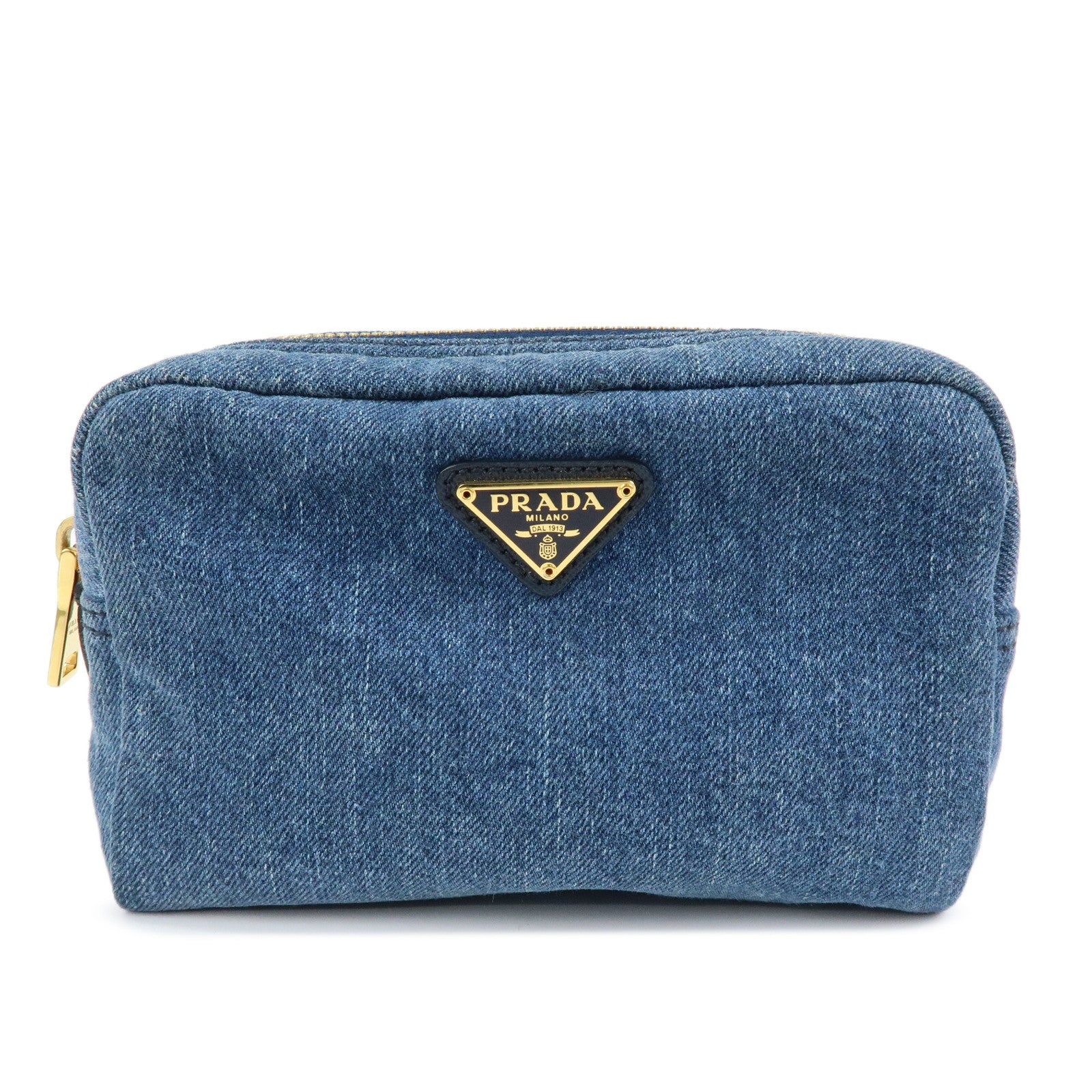 PRADA Triangle Logo Denim Cosmetic Pouch Accessory Pouch Blue