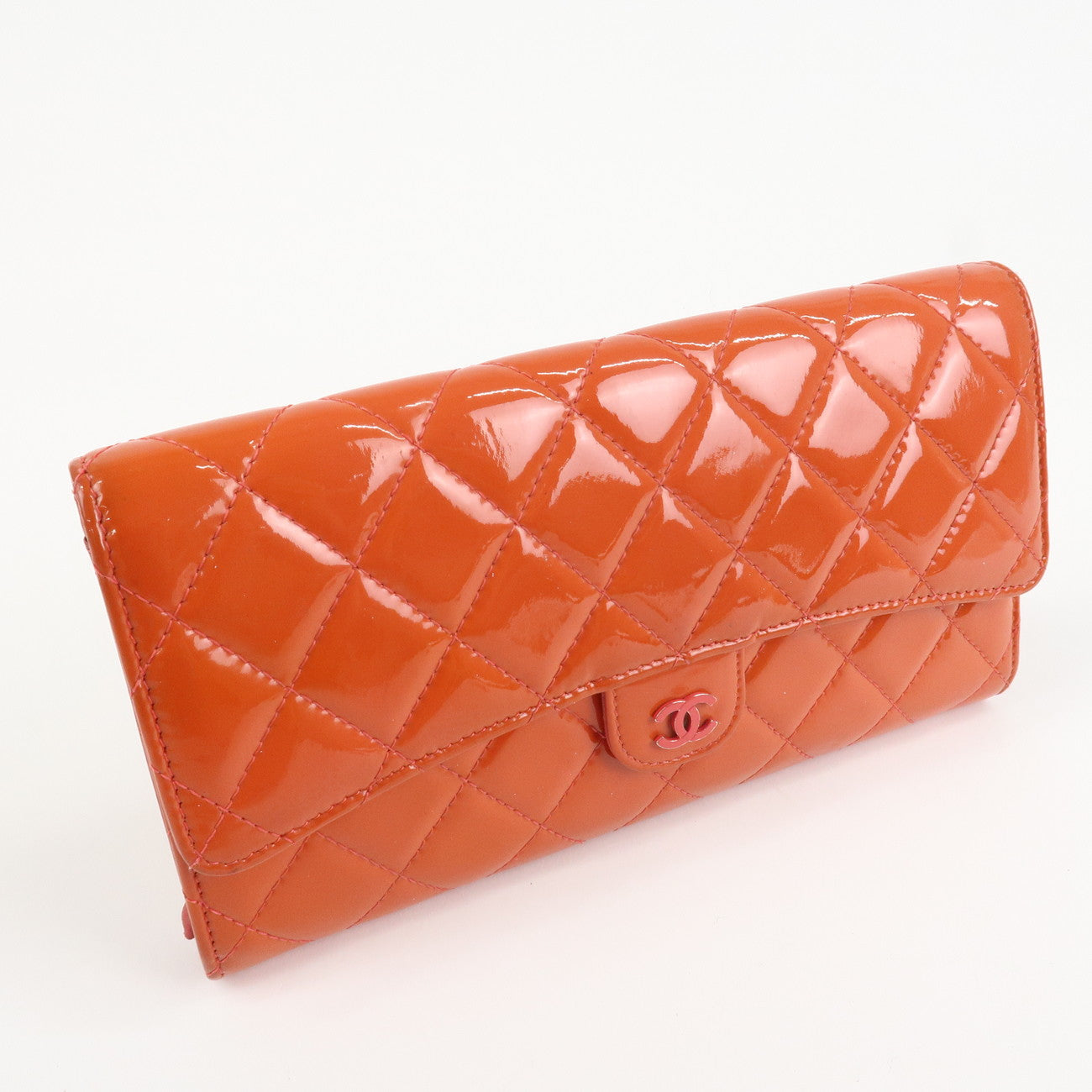 CHANEL Matelasse Patent Leather Long Wallet Card Case Pouch Orange Used