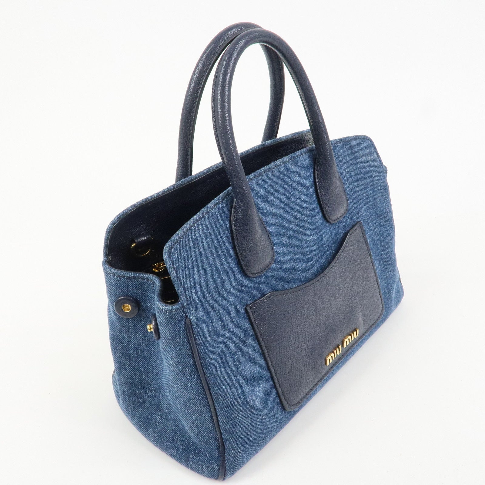 MIU MIU Madras Denim Leather 2Way Hand Bag Shoulder Bag 5BA130