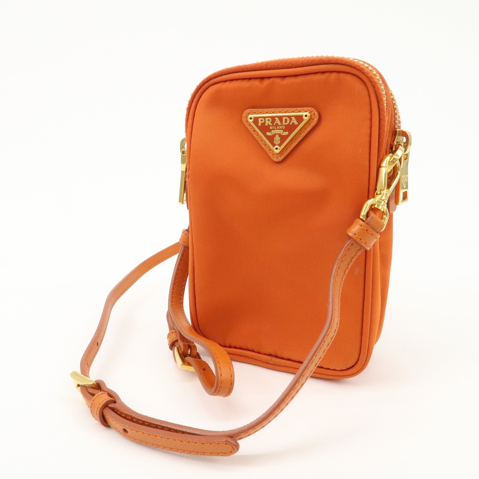 PRADA Triangle Logo Leather Nylon Smartphone Case Orange 2ZT012 Used