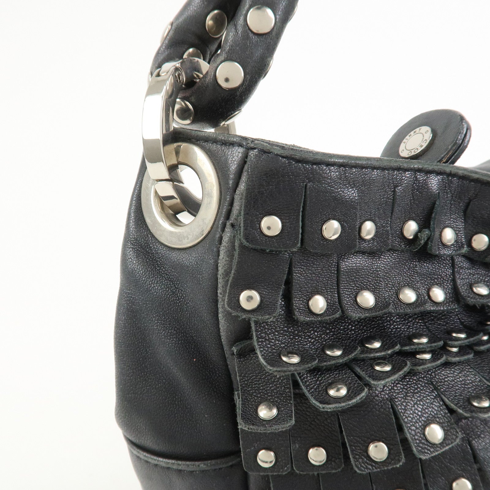 JIMMY CHOO Studs Leather Shoulder Bag Hand Bag Black