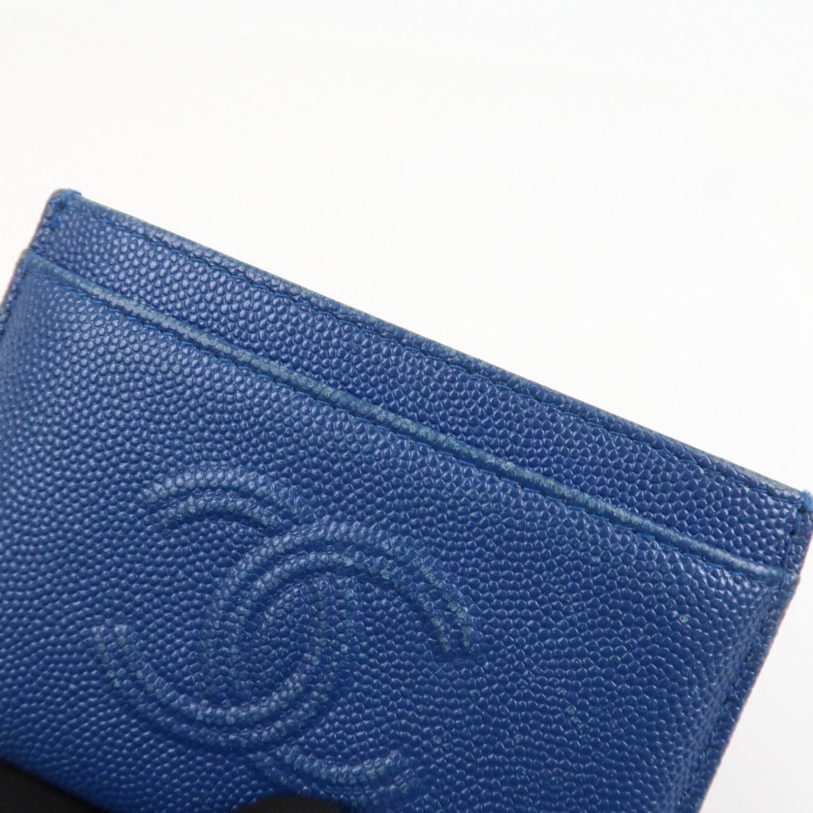 CHANEL Logo Caviarskin Leather Card Case Card Holder Blue