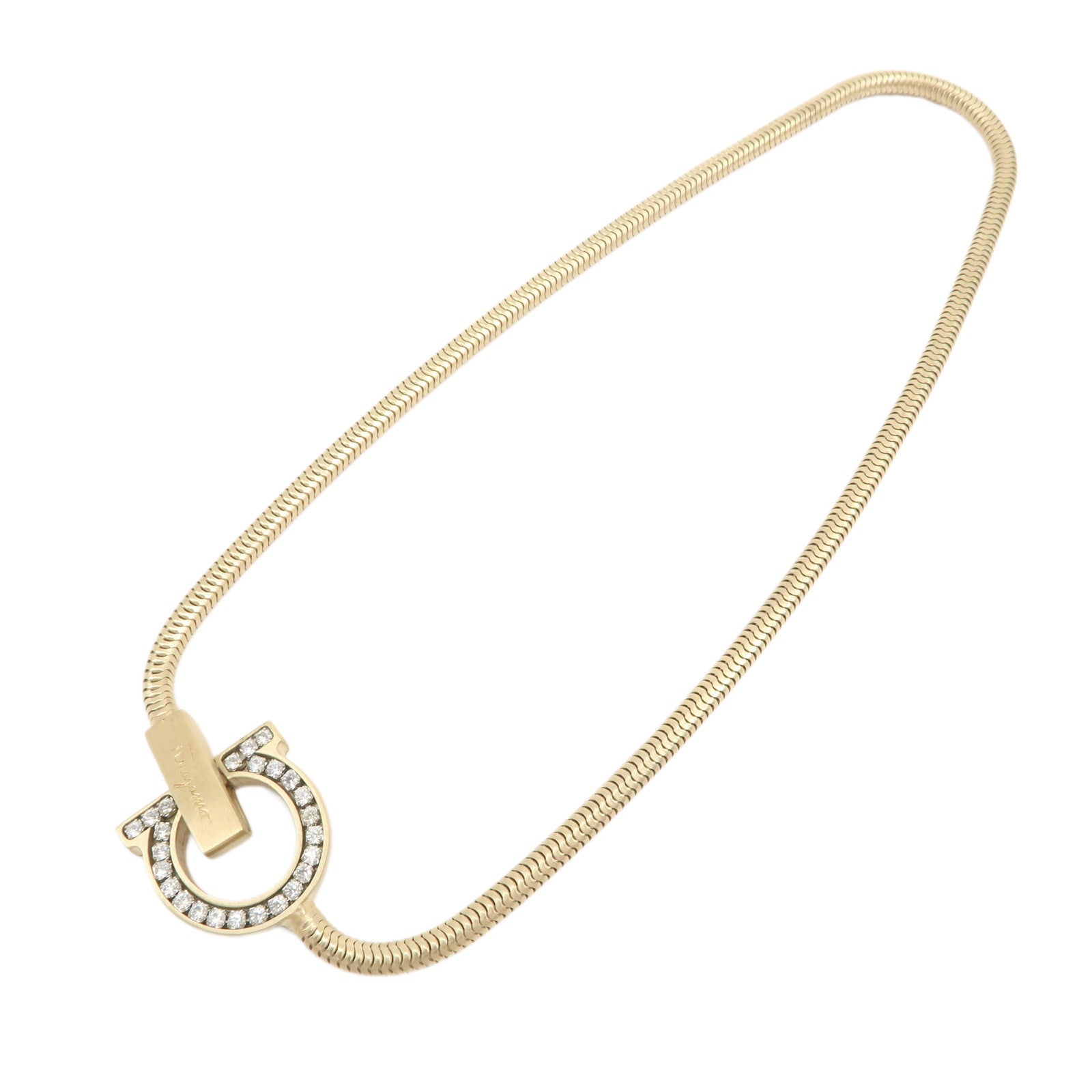 Ferragamo Gancini Logo Metal Rhinestone Necklace Choker Gold