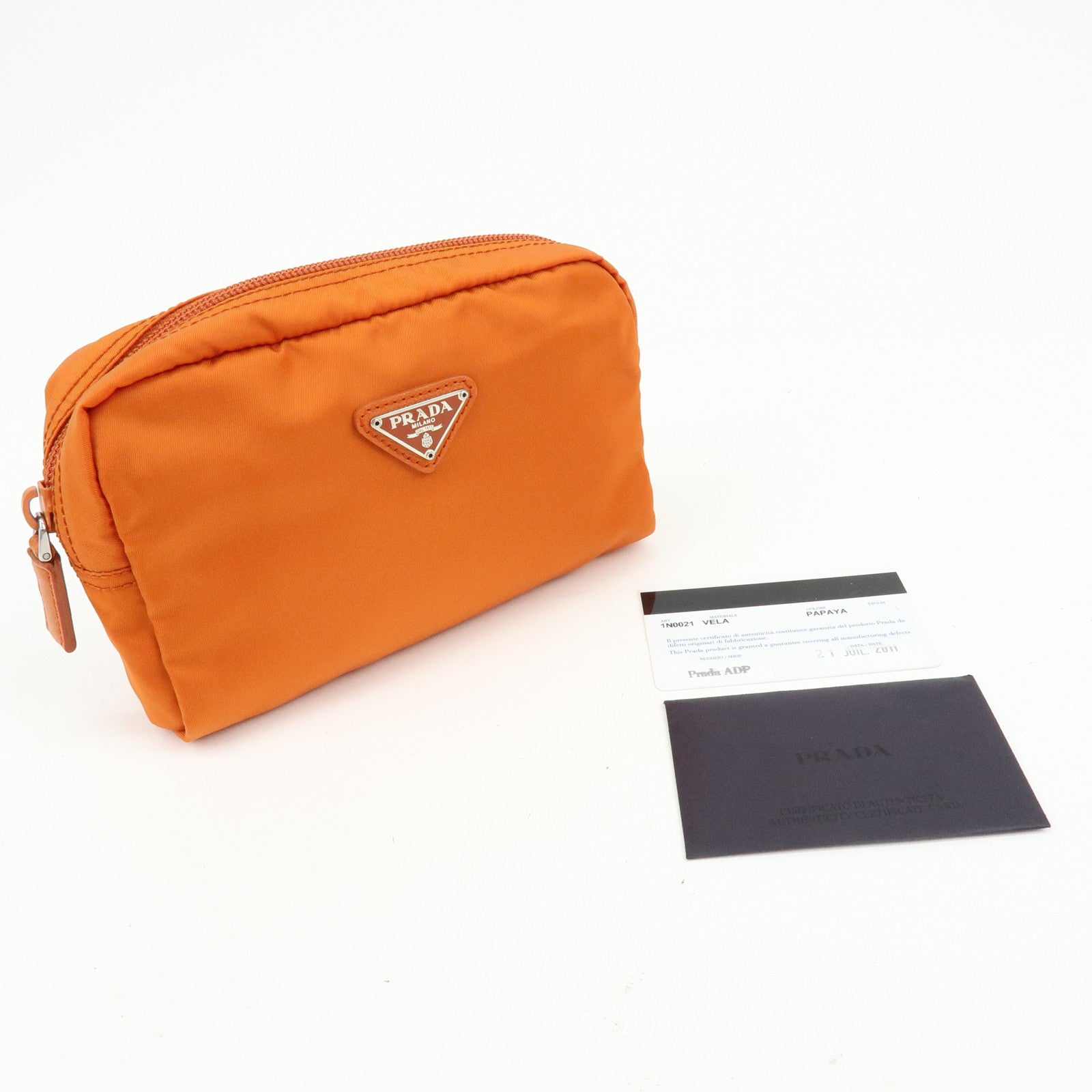 PRADA Triangle Logo Nylon Saffiano Leather Pouch Orange 1N0021