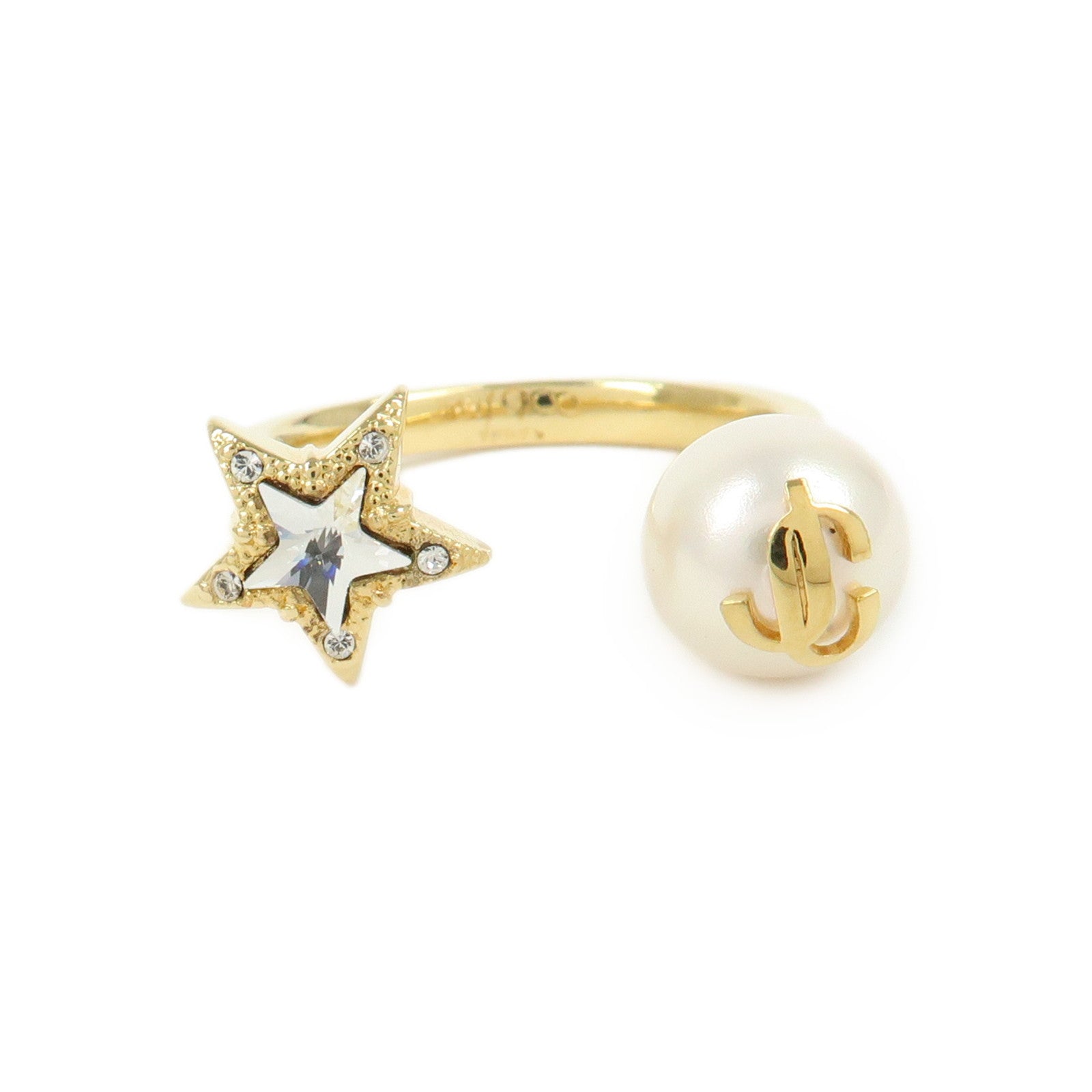 JIMMY CHOO Faux Pearl Crystal Metal Ring Gold Pearl White US8 EU56