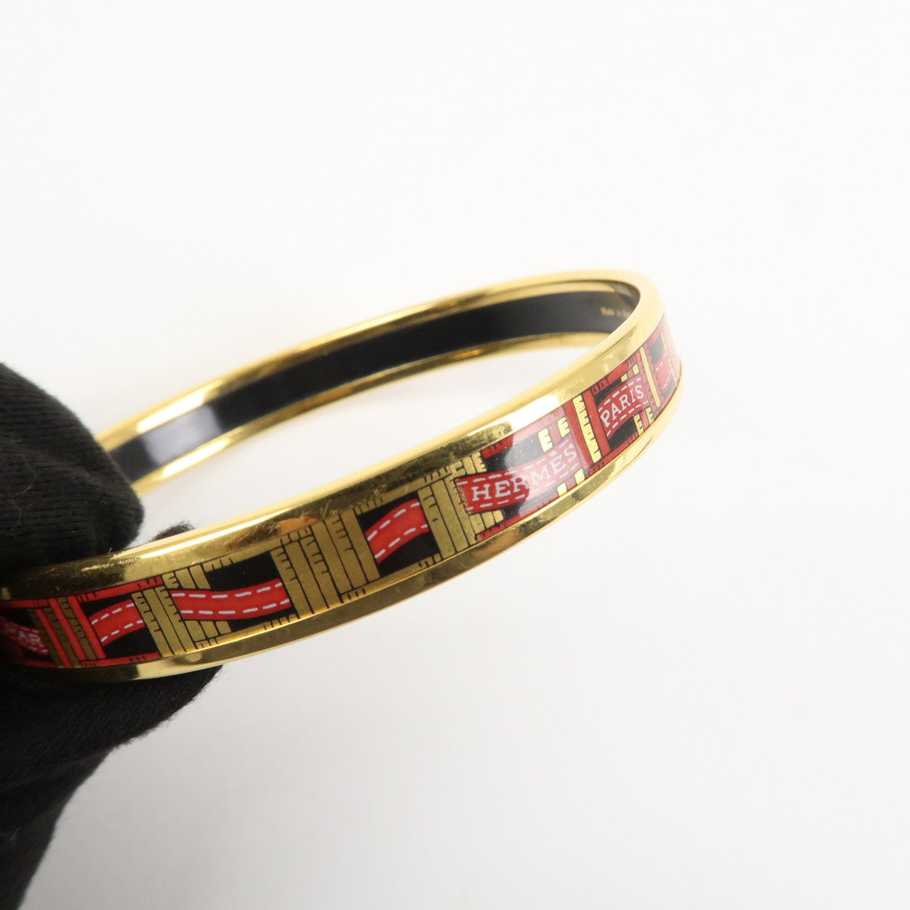 HERMES Plating Email PM Bangle Bracelet Black Gold Red Used